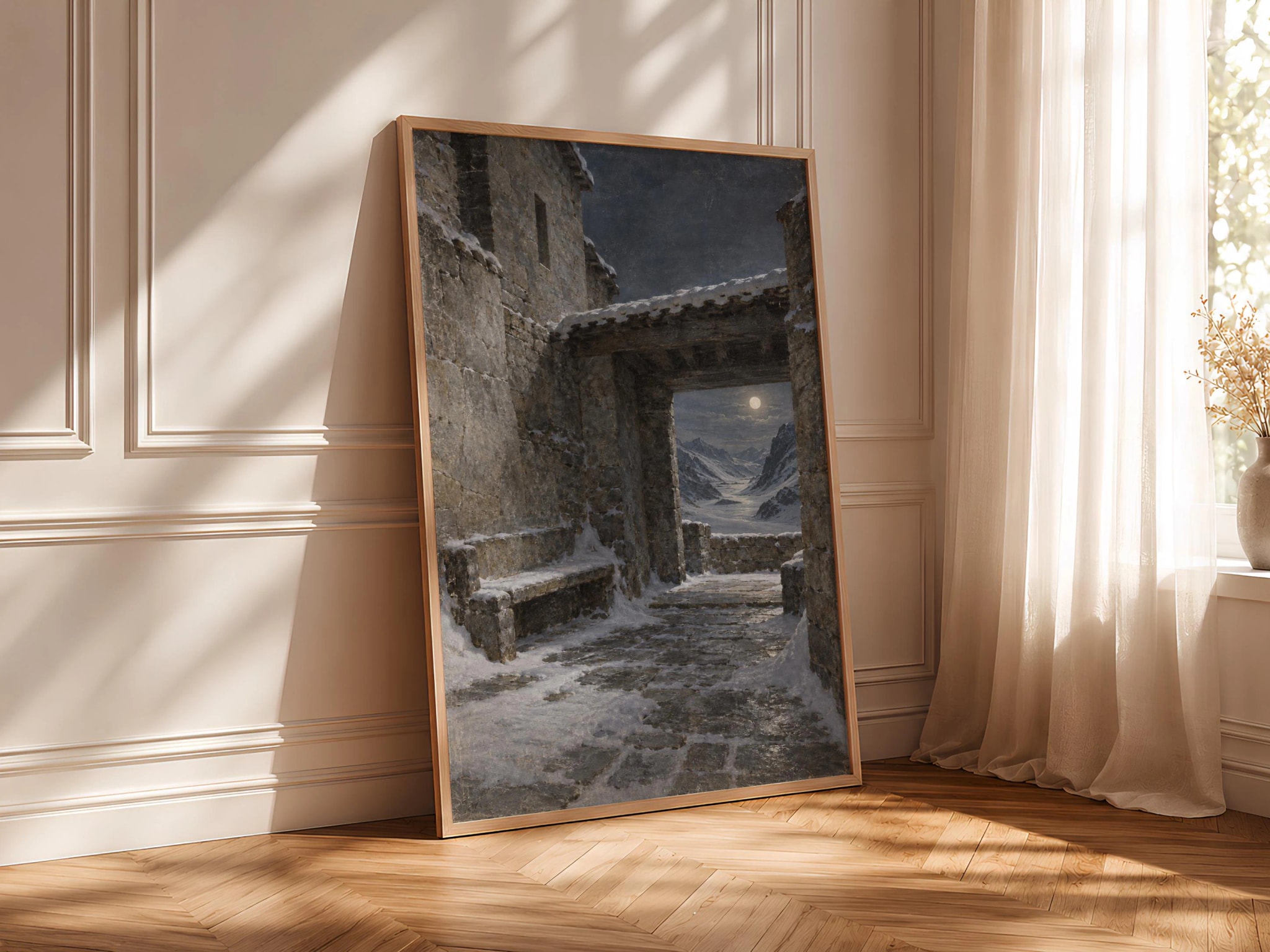 Winter Stone Courtyard Wall Art, Moonlit Mountain Passage Painting, Alpine Decor – Calm Wall Art by Artsify thumbnail 4