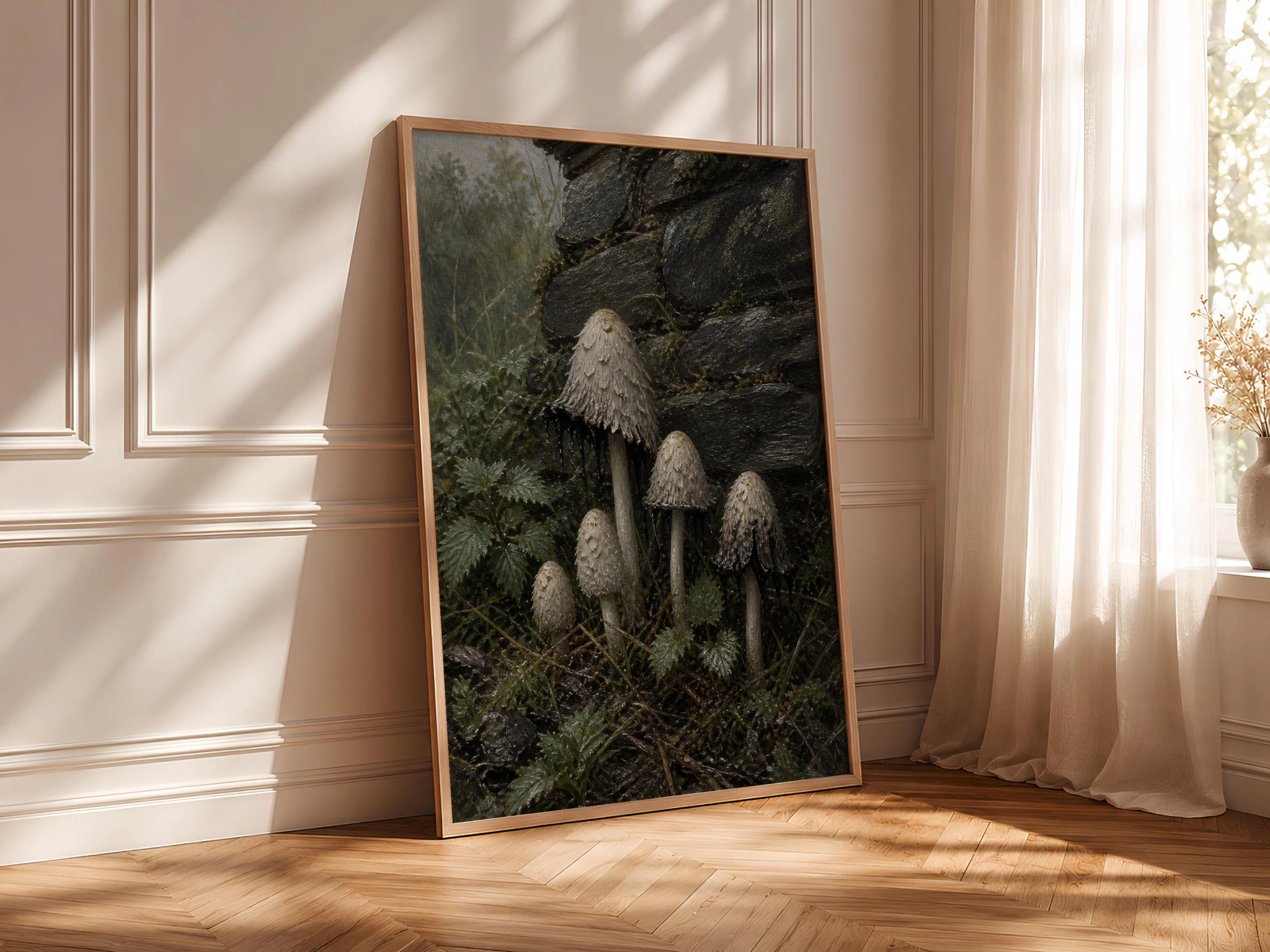 Inkcap Mushroom Wall Art, Moody Cottagecore Oil Painting, Slate Garden Print, Housewarming Gift – Calm Wall Art by Artsify thumbnail 4