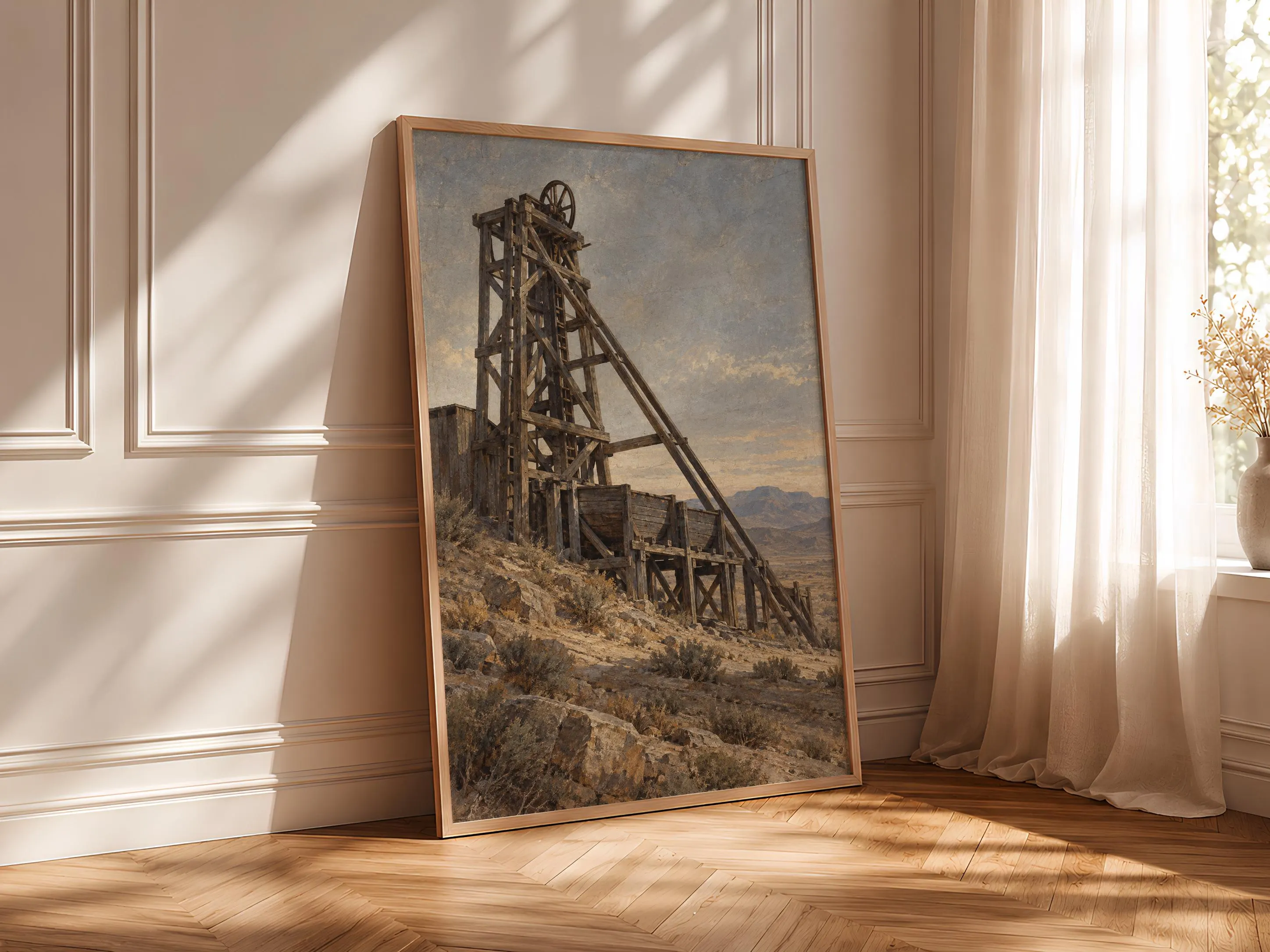 Old Mining Headframe Wall Art, Western Industrial Architecture Painting – Calm Wall Art by Artsify thumbnail 4
