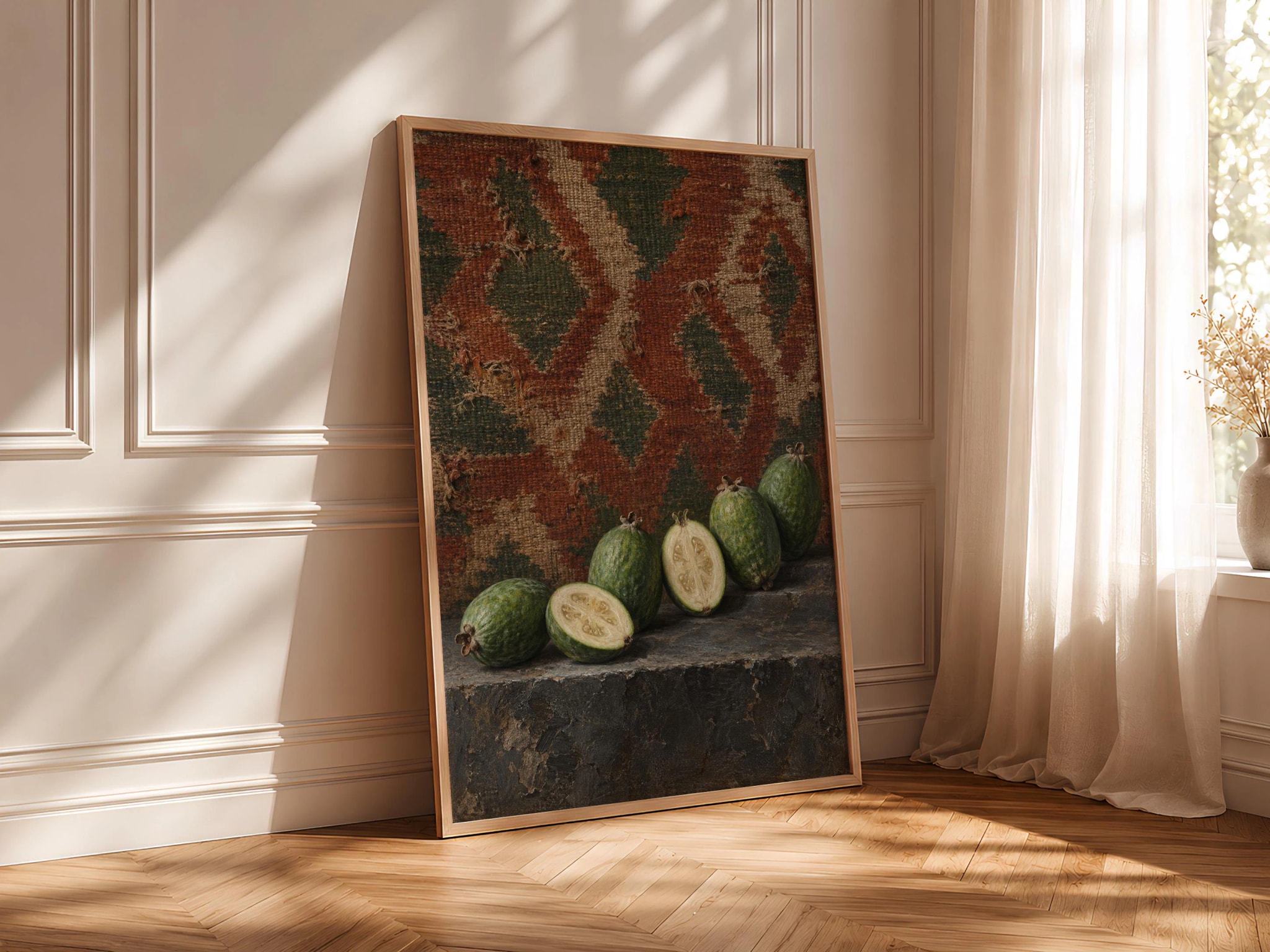 Feijoa Wall Art, Rustic Kilim Fruit Still Life Painting – Calm Wall Art by Artsify thumbnail 4