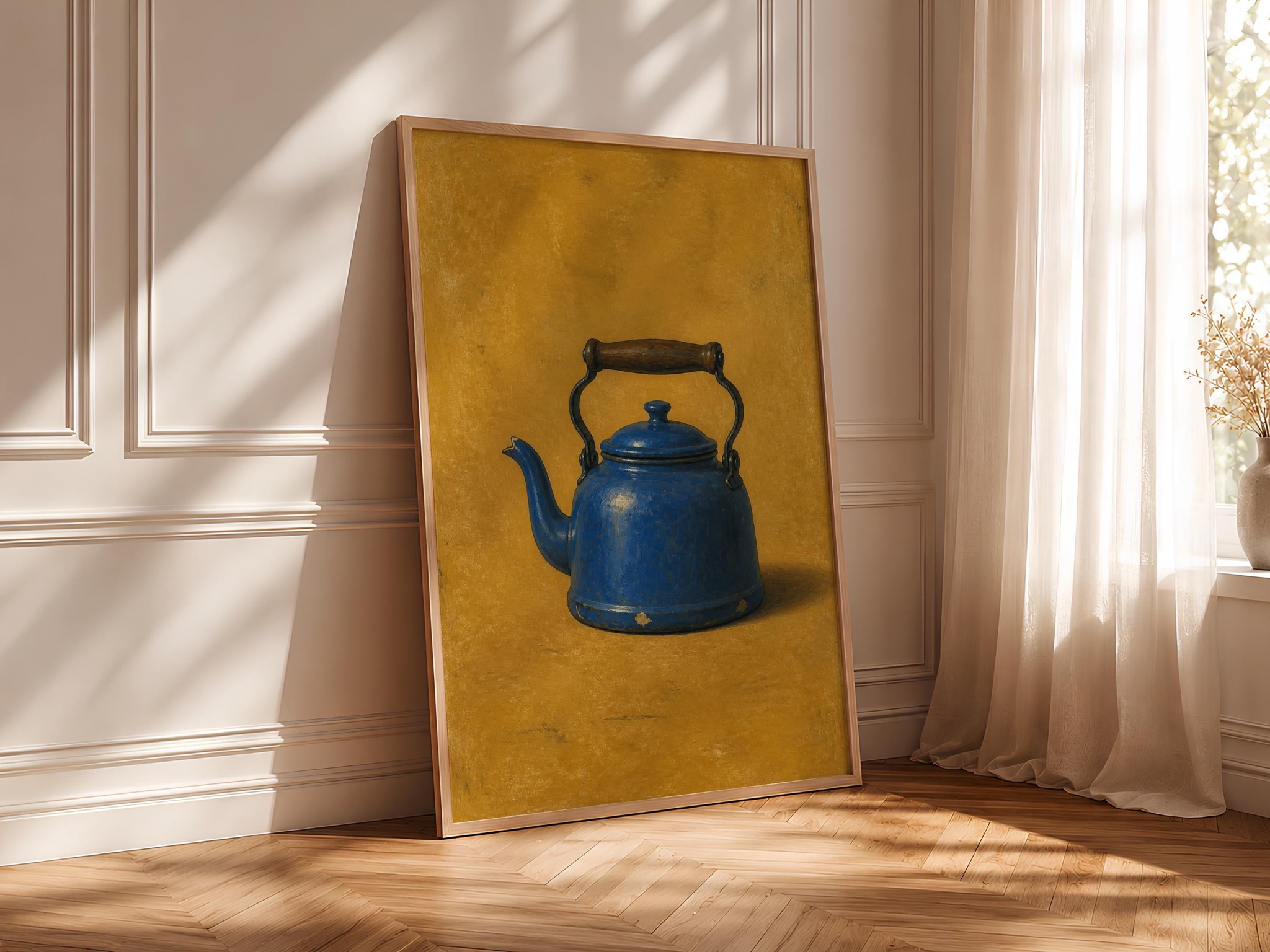 Blue Kettle Wall Art, Minimalist Retro Kitchen Painting, Cobalt Tea Lover Print – Calm Wall Art by Artsify thumbnail 4