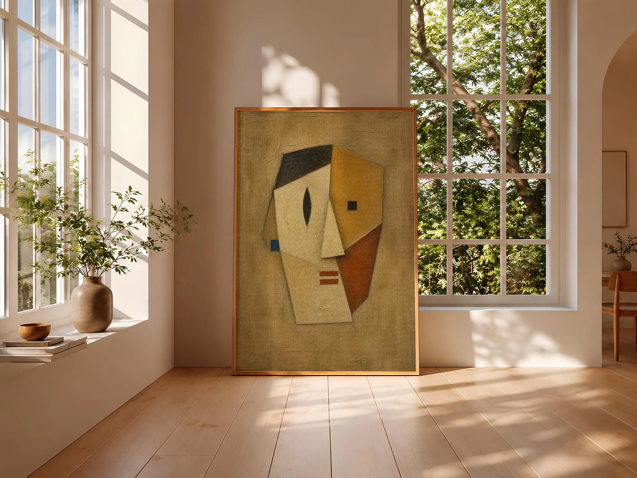 Abstract Face Wall Art, Ochre Cubist Oil Painting Print – Calm Wall Art by Artsify thumbnail 3