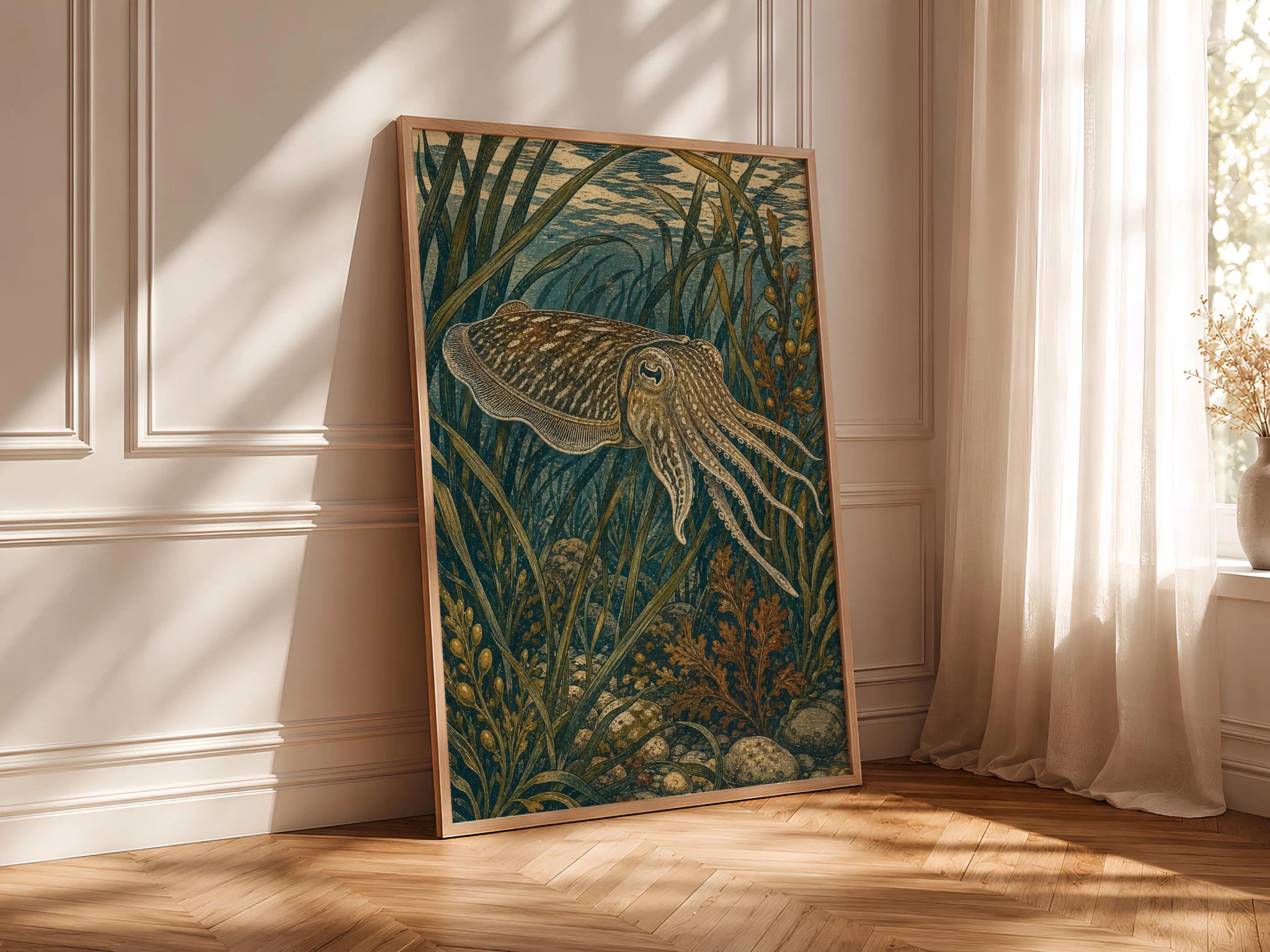 Cuttlefish Wall Art Print, Vintage Ocean Poster, Arts and Crafts Sea Life Decor, Dark Coastal Wall Art, Housewarming Gift – Calm Wall Art by Artsify thumbnail 4