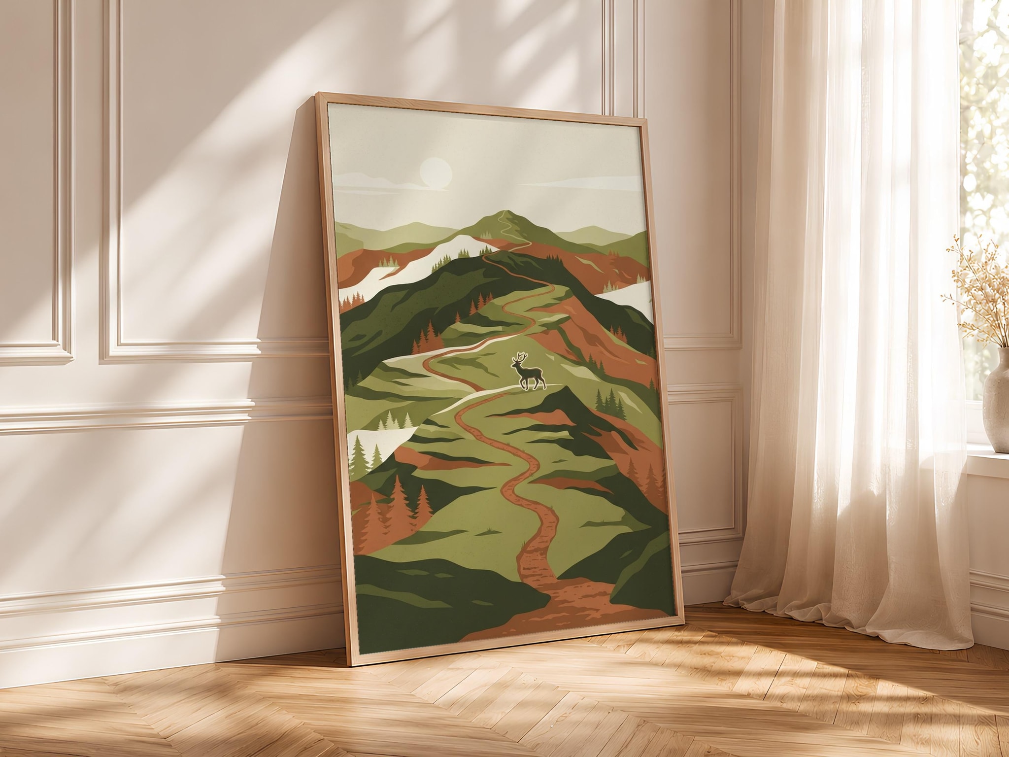 Vintage Hiking Trail Print, Retro Mountain Poster, Deer Wall Art, Office Decor, Housewarming Gift – Calm Wall Art by Artsify thumbnail 4