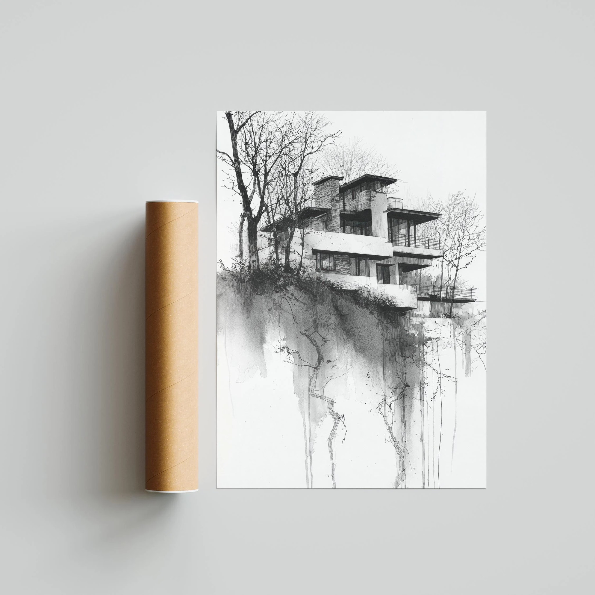 Modern Cliff House Art Print, Black and White Ink Drawing – Calm Wall Art by Artsify thumbnail 2