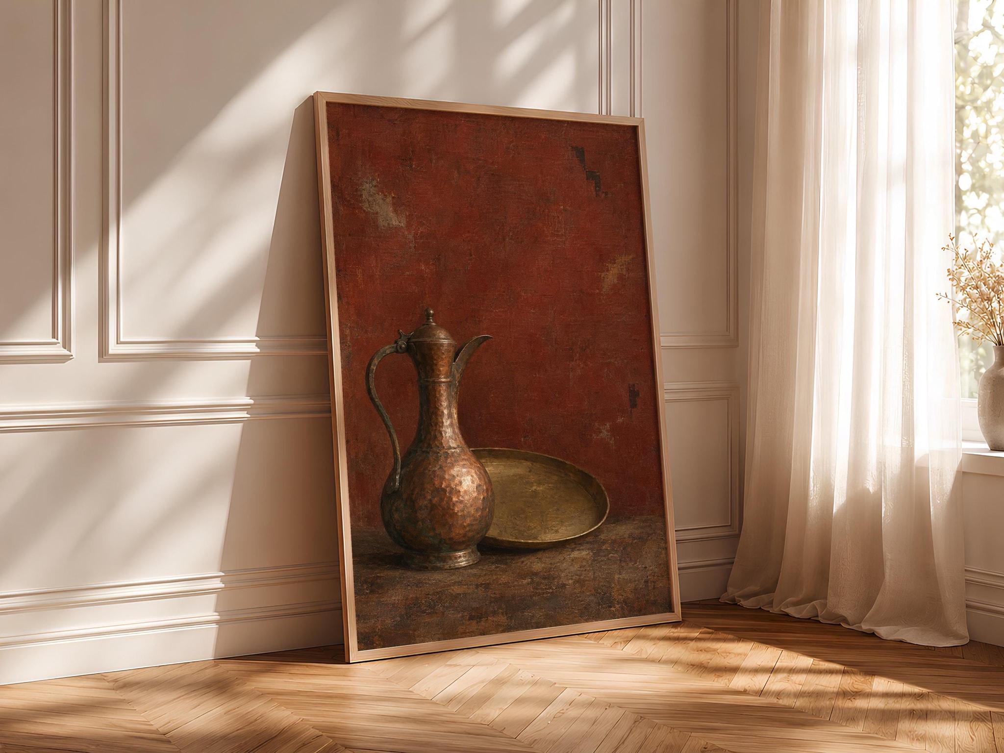 Hammered Copper Ewer Wall Art, Old World Still Life Painting – Calm Wall Art by Artsify thumbnail 4