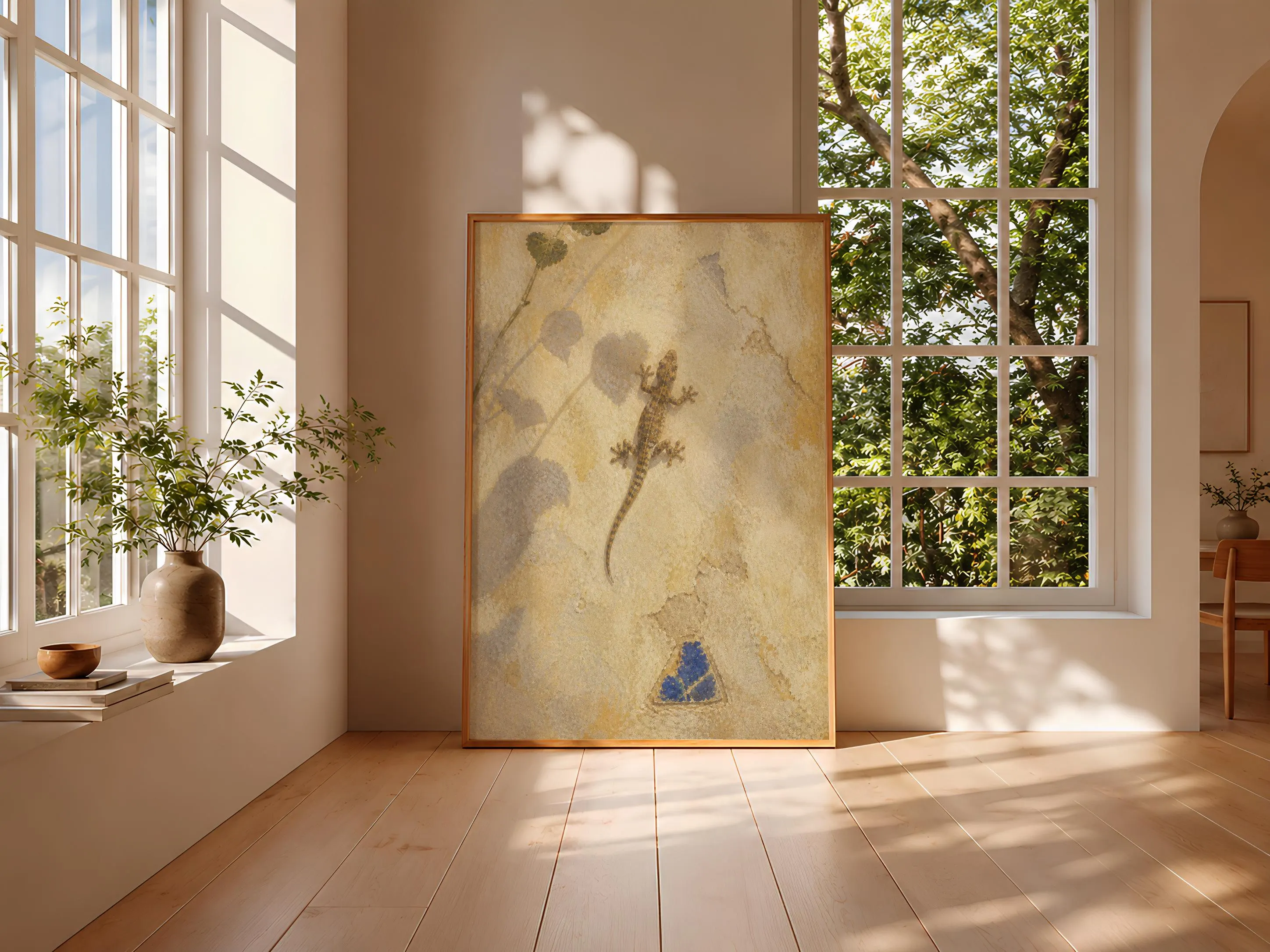 Gecko Fresco Print, Mediterranean Wildlife Wall Art, Vintage Lime Wall Poster, Rustic Villa Decor, Housewarming Gift – Calm Wall Art by Artsify thumbnail 3