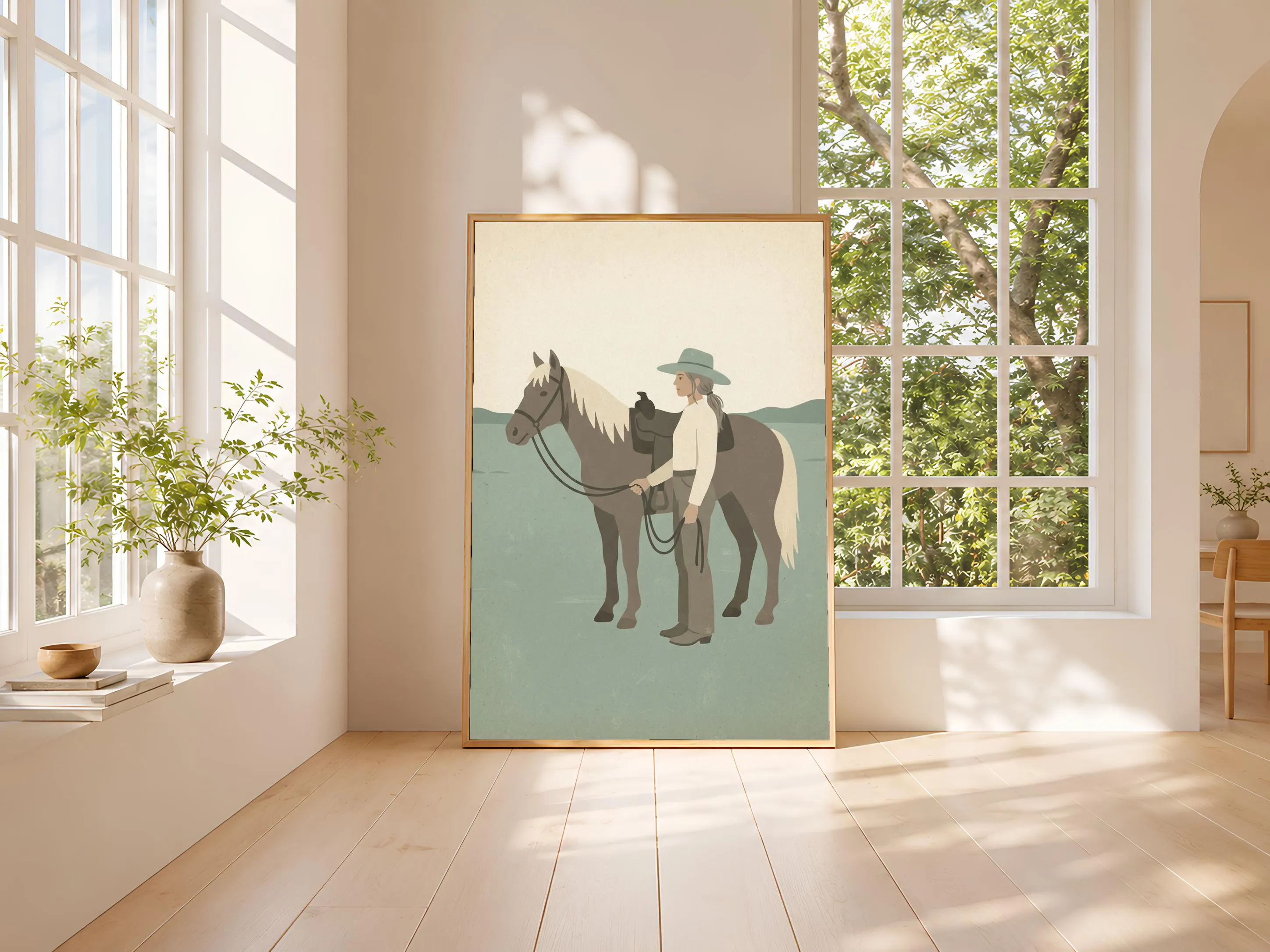 Cowgirl and Horse Print, Western Folk Art Poster, Sage Wall Art, Ranch Housewarming Gift – Calm Wall Art by Artsify thumbnail 3