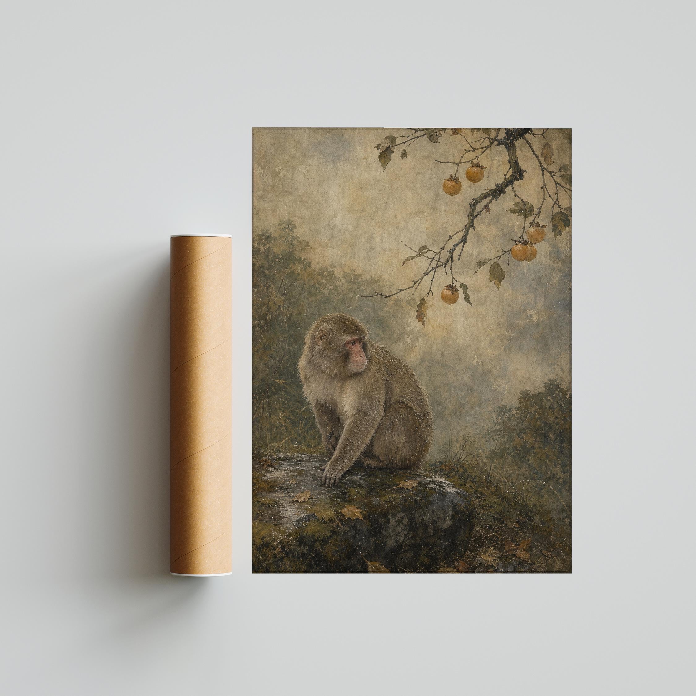 Japanese Macaque Painting Print, Persimmon Wildlife Wall Art, Rainy Forest Poster, Woodland Animal Decor, Housewarming Gift – Calm Wall Art by Artsify thumbnail 5