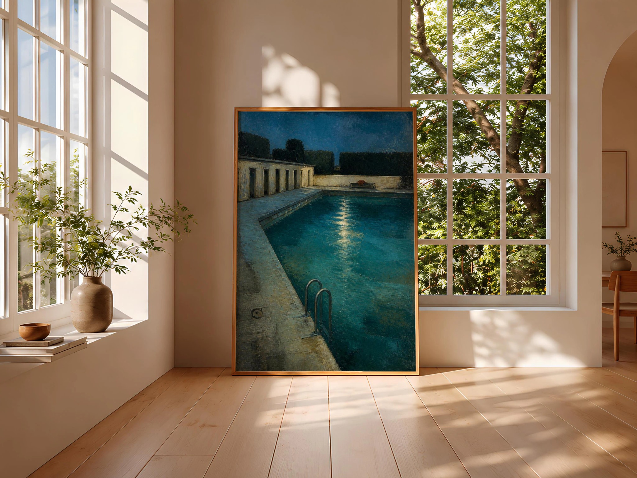 After Hours Lido Wall Art, Nocturnal Swimming Pool Painting, Moody Teal Poolside Print – Calm Wall Art by Artsify thumbnail 3
