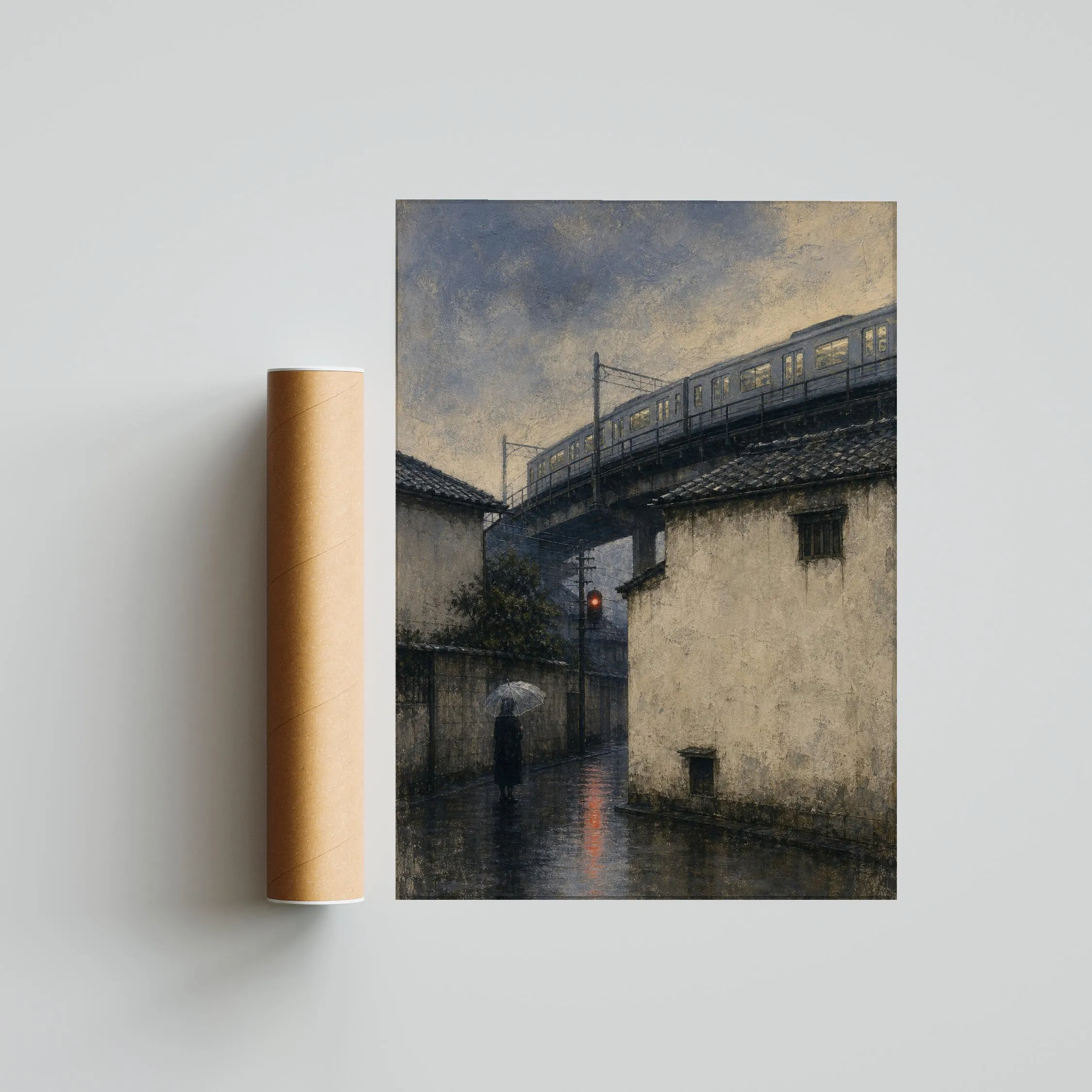Tokyo Rain Painting Print, Japanese Cityscape Wall Art, Vintage Train Poster, Urban Night Decor, Housewarming Gift – Calm Wall Art by Artsify thumbnail 5