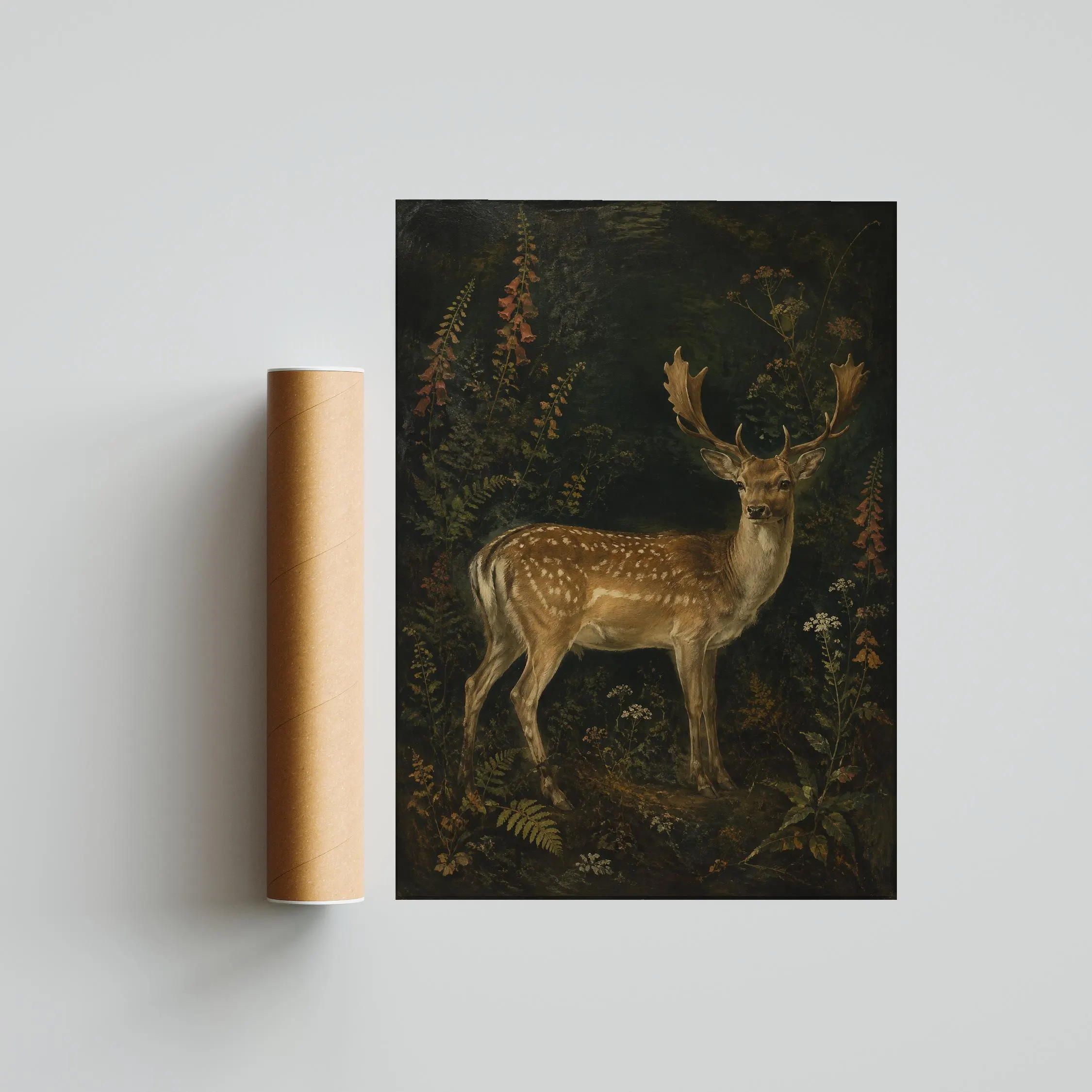 Fallow Deer Wall Art, Dark Botanical Oil Painting – Calm Wall Art by Artsify thumbnail 5