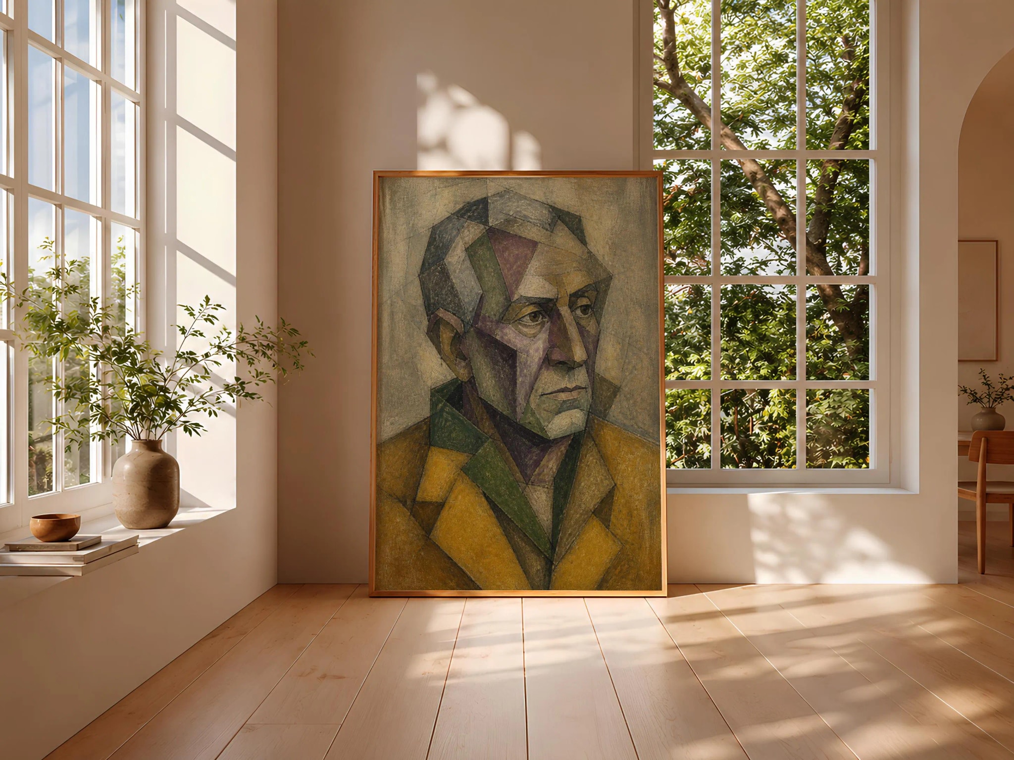 Ochre Cubist Man Portrait Print, Geometric Abstract Face Wall Art, Moody Modern Decor – Calm Wall Art by Artsify thumbnail 3