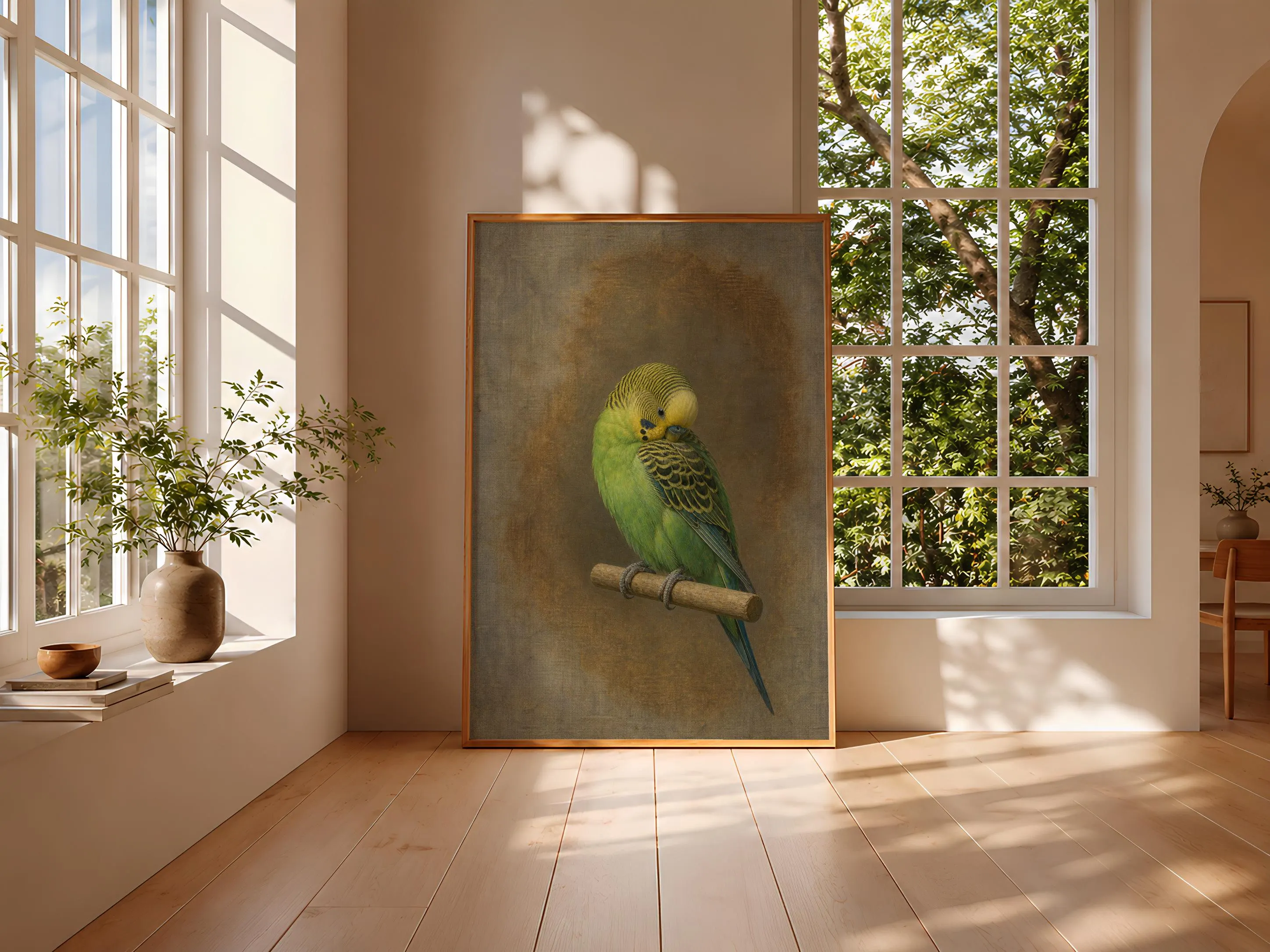 Green Budgerigar Wall Art, Minimal Bird Oil Painting Print – Calm Wall Art by Artsify thumbnail 3