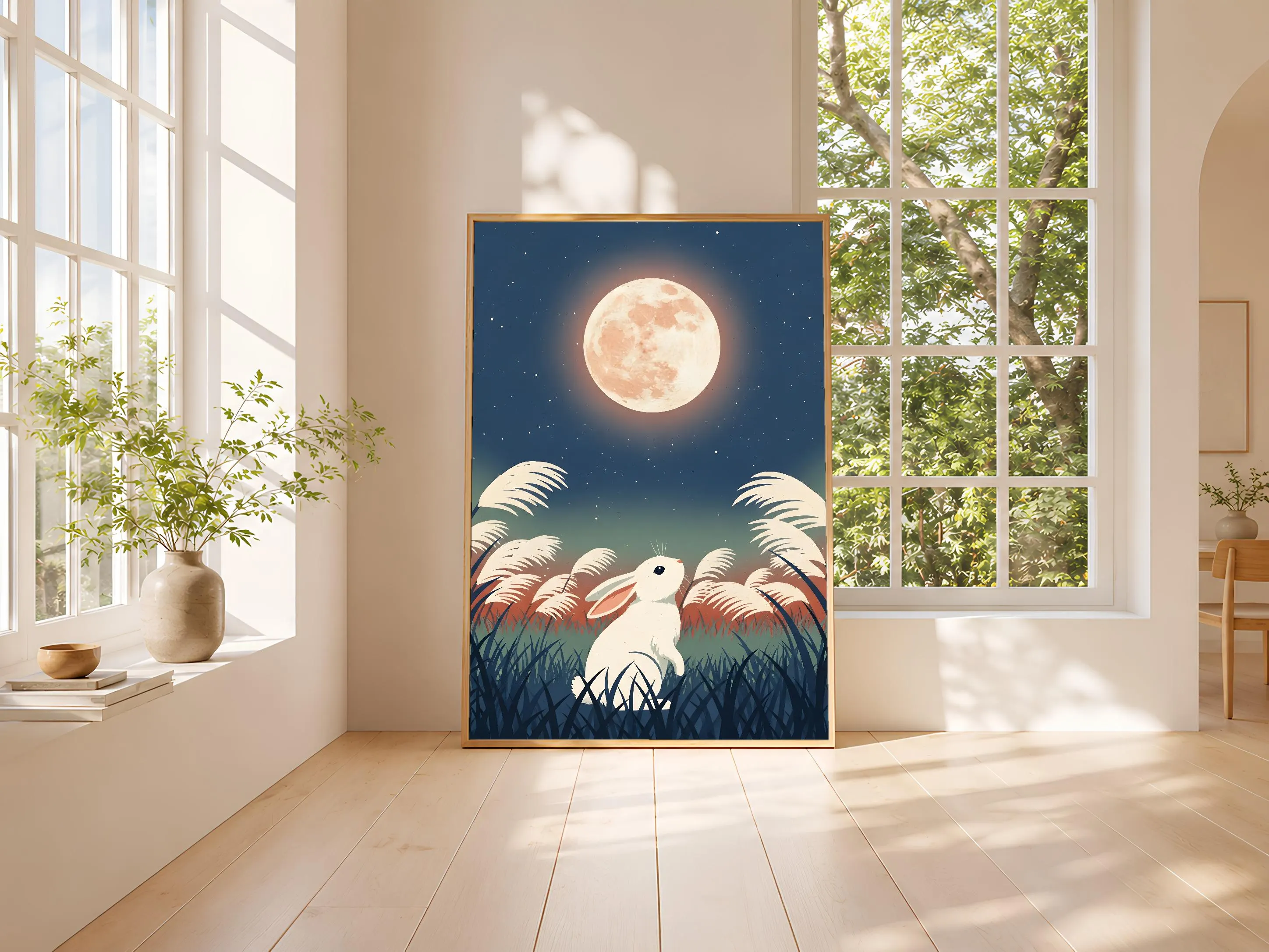 Moon Rabbit Art Print, Japanese Night Sky Poster, Woodblock Style Animal Wall Art, Calm Bedroom Decor, A1/A2/A3/A4, Housewarming Gift – Calm Wall Art by Artsify thumbnail 3