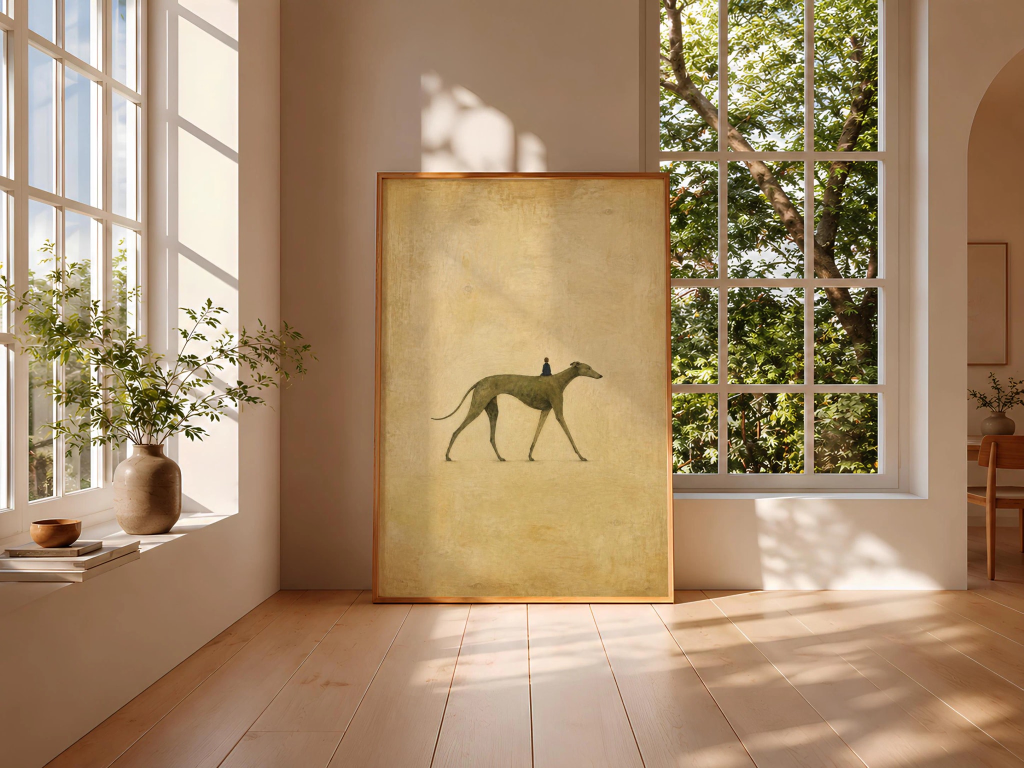 Greyhound and Tiny Rider Wall Art, Surreal Folk Dog Print – Calm Wall Art by Artsify thumbnail 3