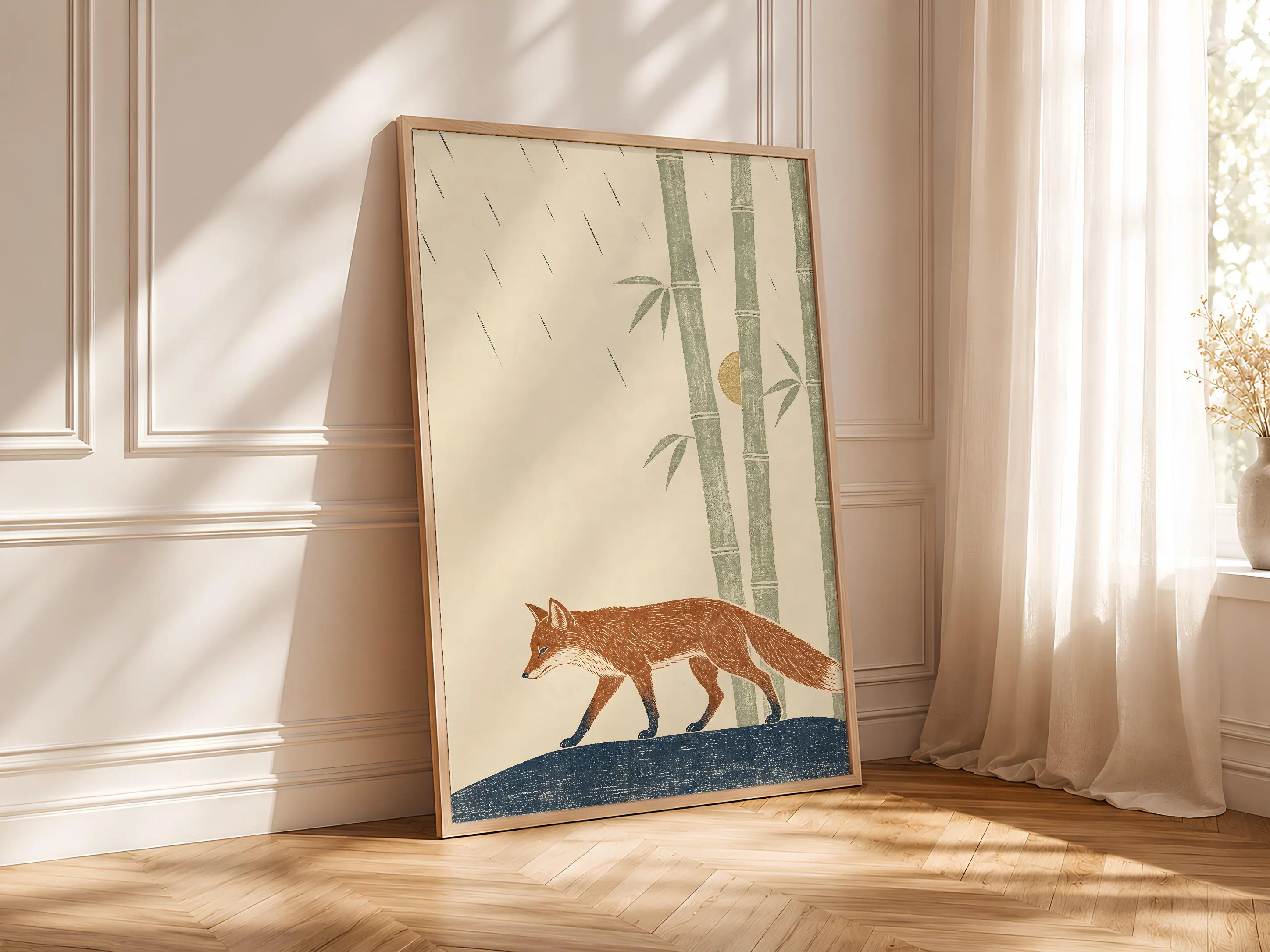Fox Woodblock Print, Bamboo Forest Wall Art, Japanese Style Nature Poster, Rainy Day Decor, Housewarming Gift – Calm Wall Art by Artsify thumbnail 4