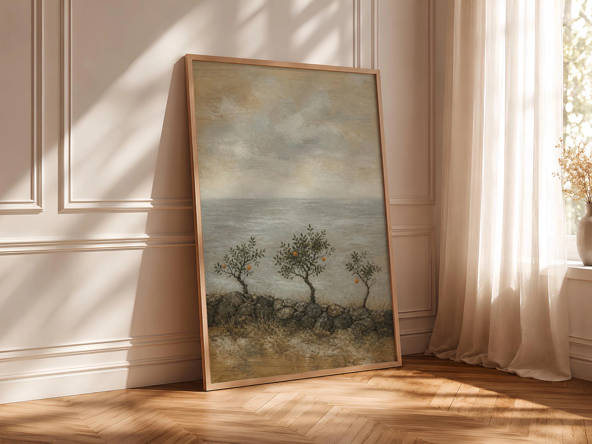 Mandarin Orchard Wall Art, Winter Sea Landscape, Muted Coastal Orange Tree Print – Calm Wall Art by Artsify thumbnail 4