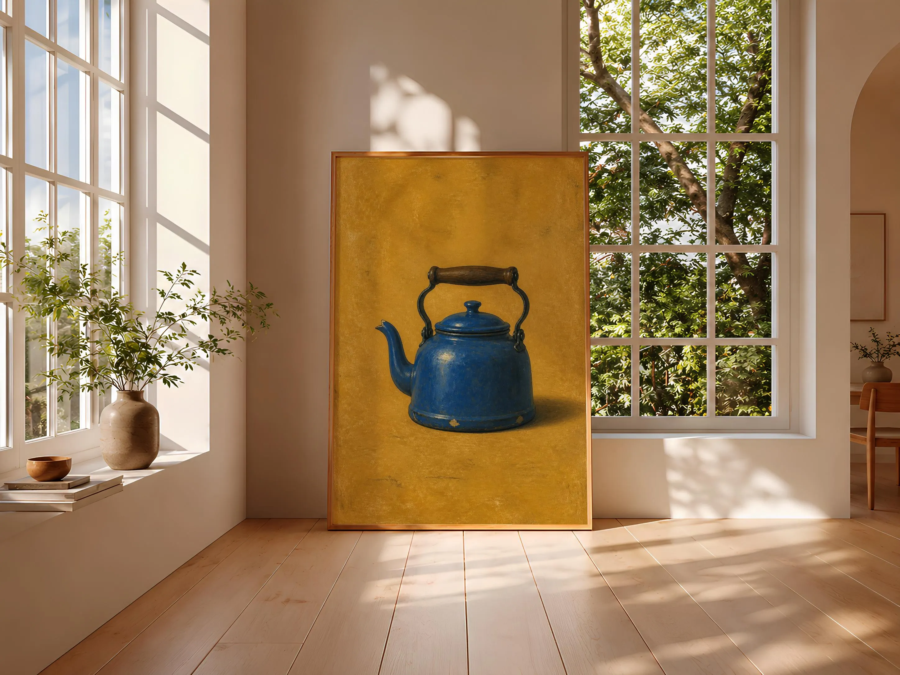 Blue Kettle Wall Art, Minimalist Retro Kitchen Painting, Cobalt Tea Lover Print – Calm Wall Art by Artsify thumbnail 3
