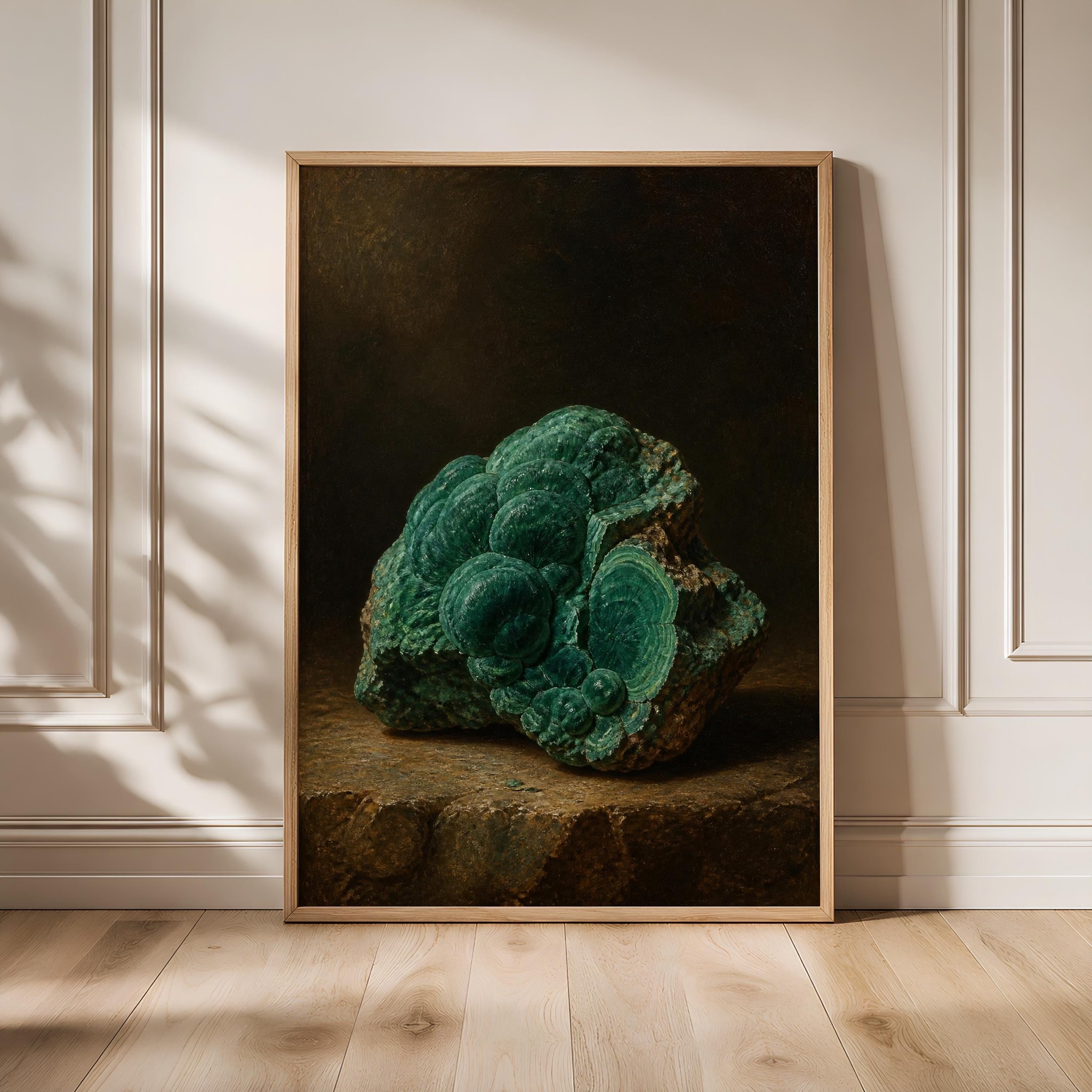 Malachite Wall Art, Botanical Mineral Study Painting, Dark Green Cabinet of Curiosities Print – Calm Wall Art by Artsify