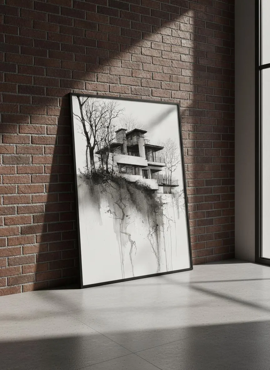 Modern Cliff House Art Print, Black and White Ink Drawing – Calm Wall Art by Artsify thumbnail 3