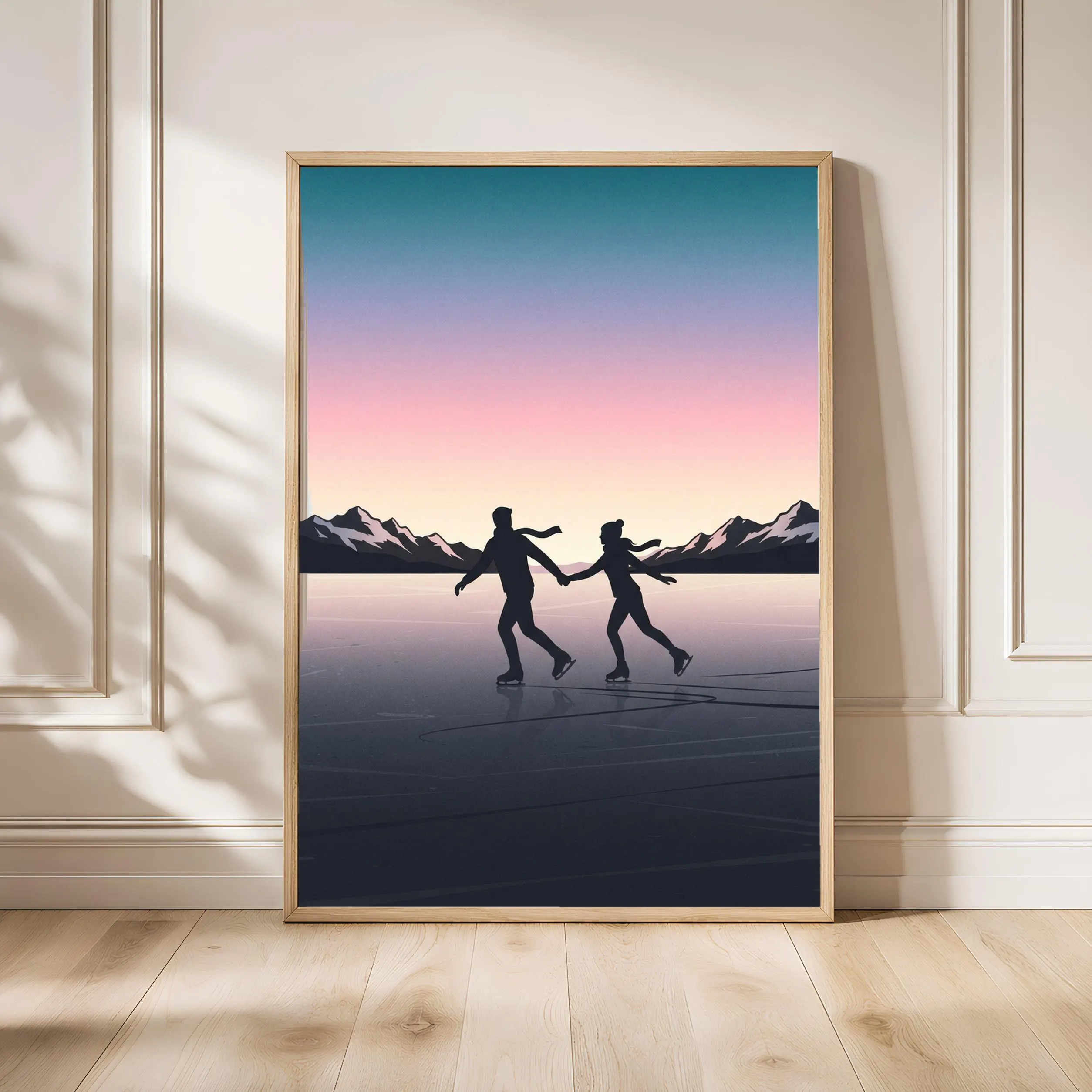 Ice Skaters Print, Winter Mountain Poster, Teal Lavender Wall Art, Skating Gift, Housewarming Gift – Calm Wall Art by Artsify