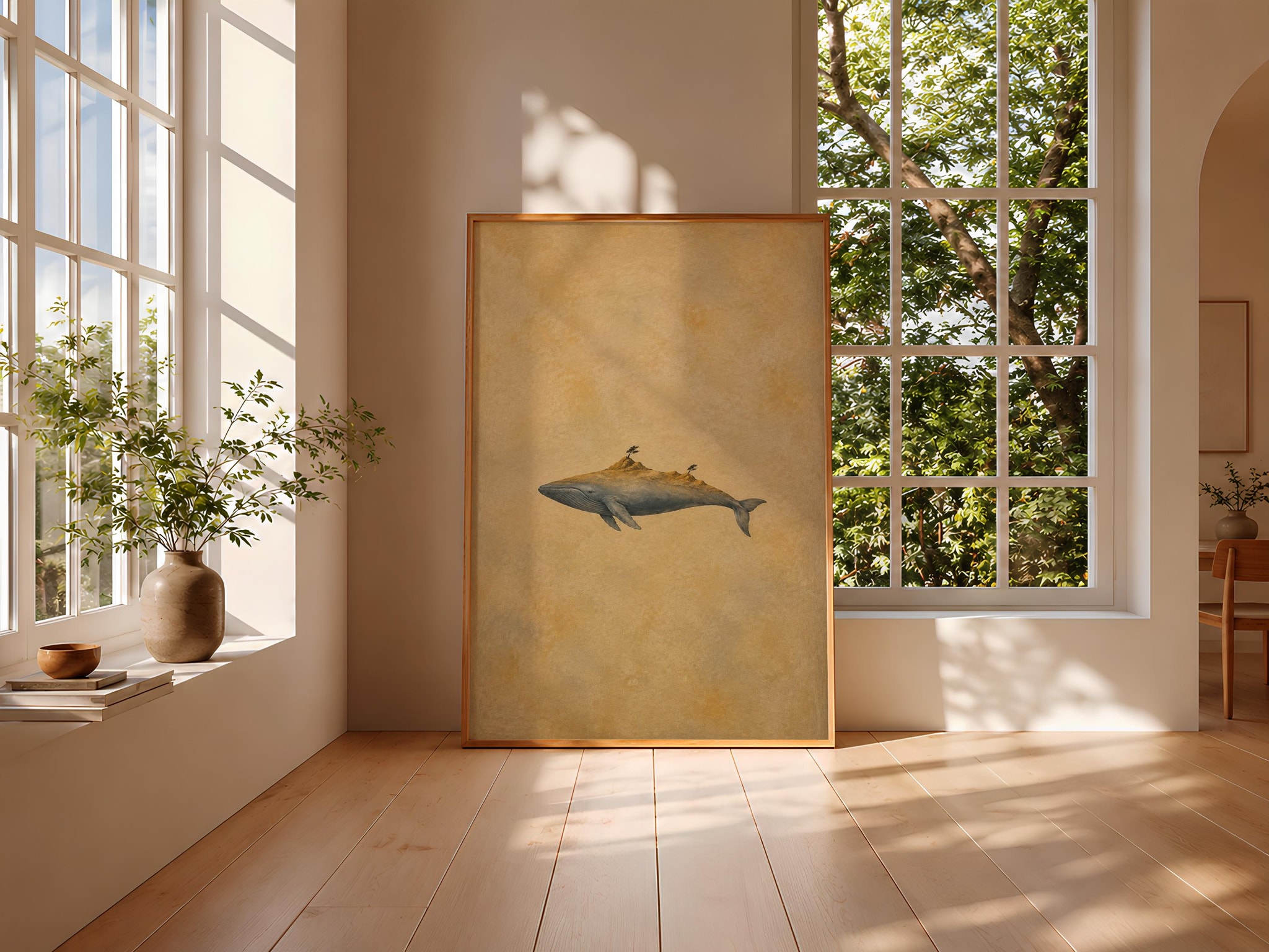 Island Whale Wall Art, Minimal Surreal Coastal Folk Landscape Print – Calm Wall Art by Artsify thumbnail 3
