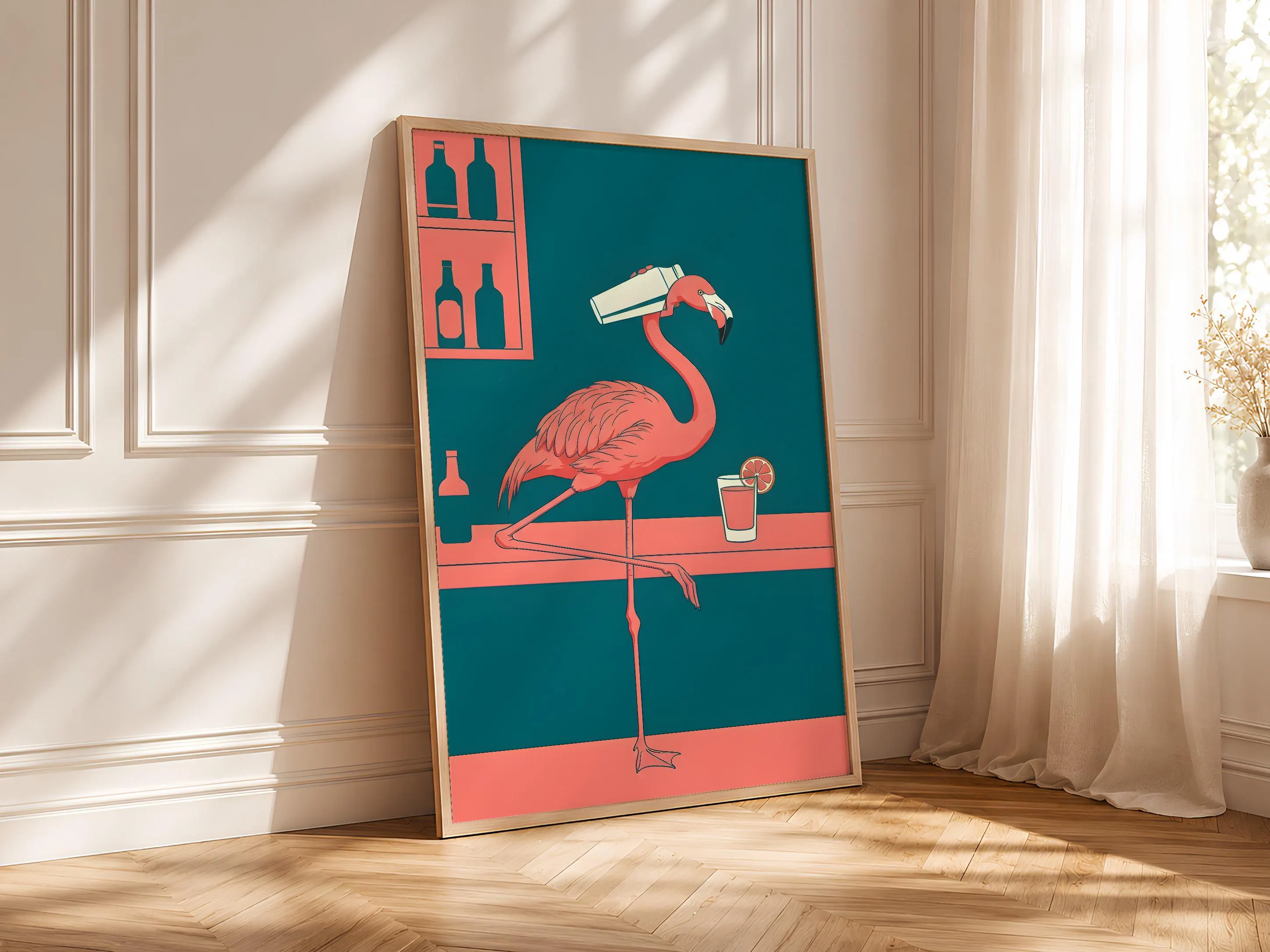 Flamingo Bartender Art Print, Funny Animal Poster, Retro Home Bar Wall Art, Quirky Cocktail Decor, Bar Cart Gift, Housewarming Gift – Calm Wall Art by Artsify thumbnail 4
