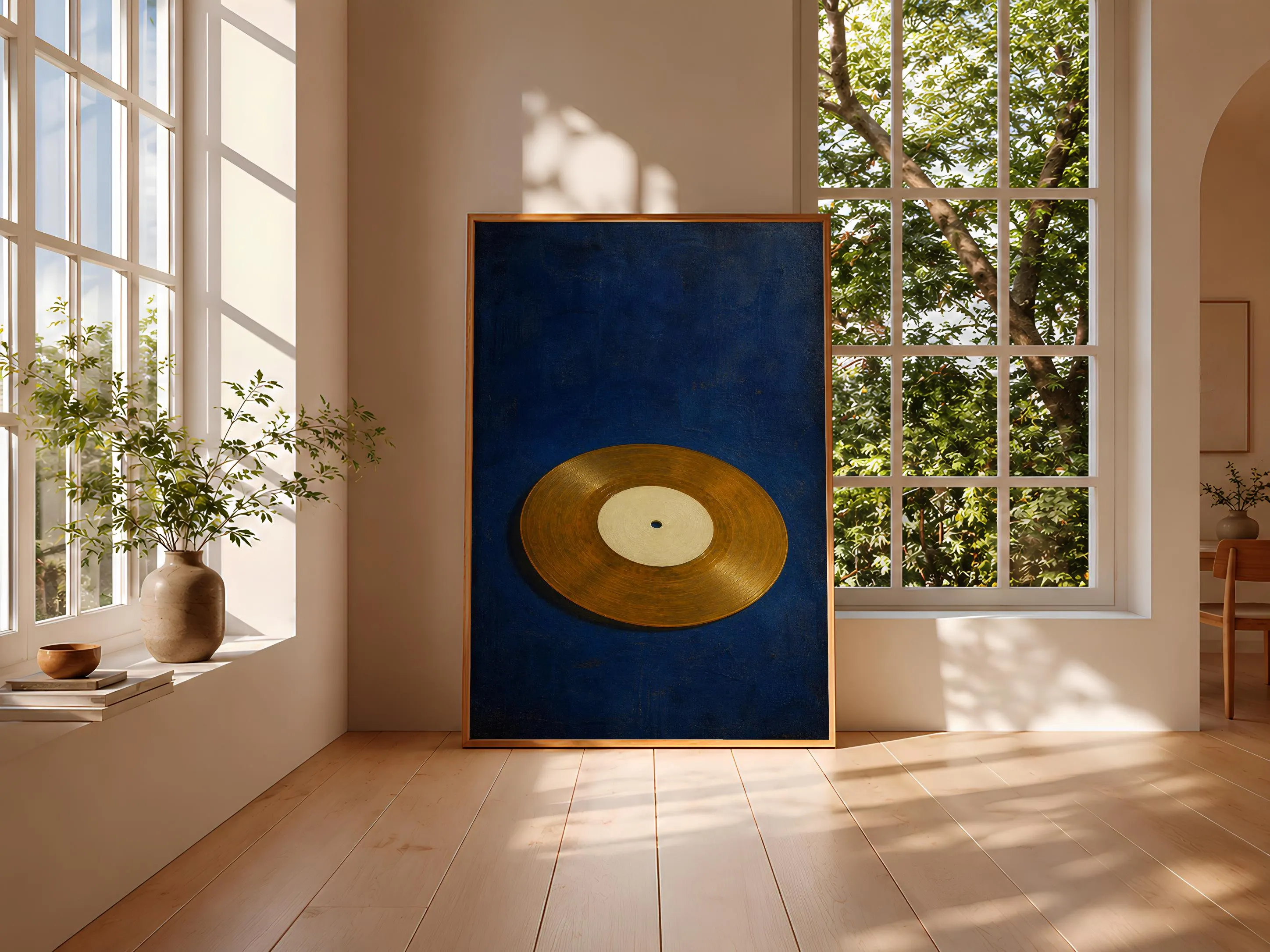 Vinyl 45 Record Print, Prussian Blue Minimalist Music Art, Retro Gold Disc Poster, Housewarming Gift – Calm Wall Art by Artsify thumbnail 3