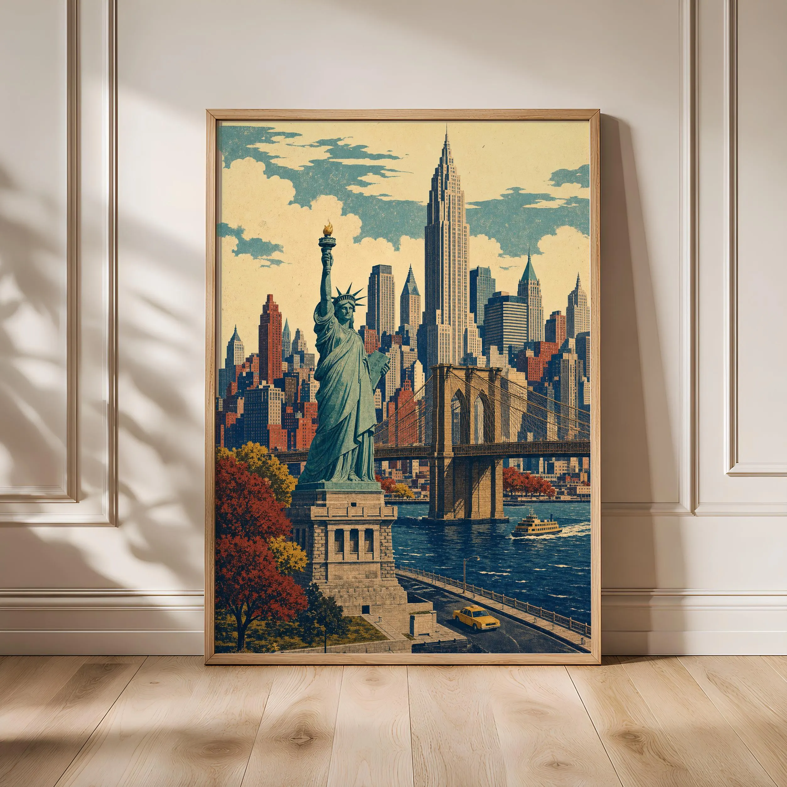 New York Skyline Painting Print, Statue of Liberty Wall Art, Vintage Cityscape Poster, American Travel Decor, Housewarming Gift – Calm Wall Art by Artsify