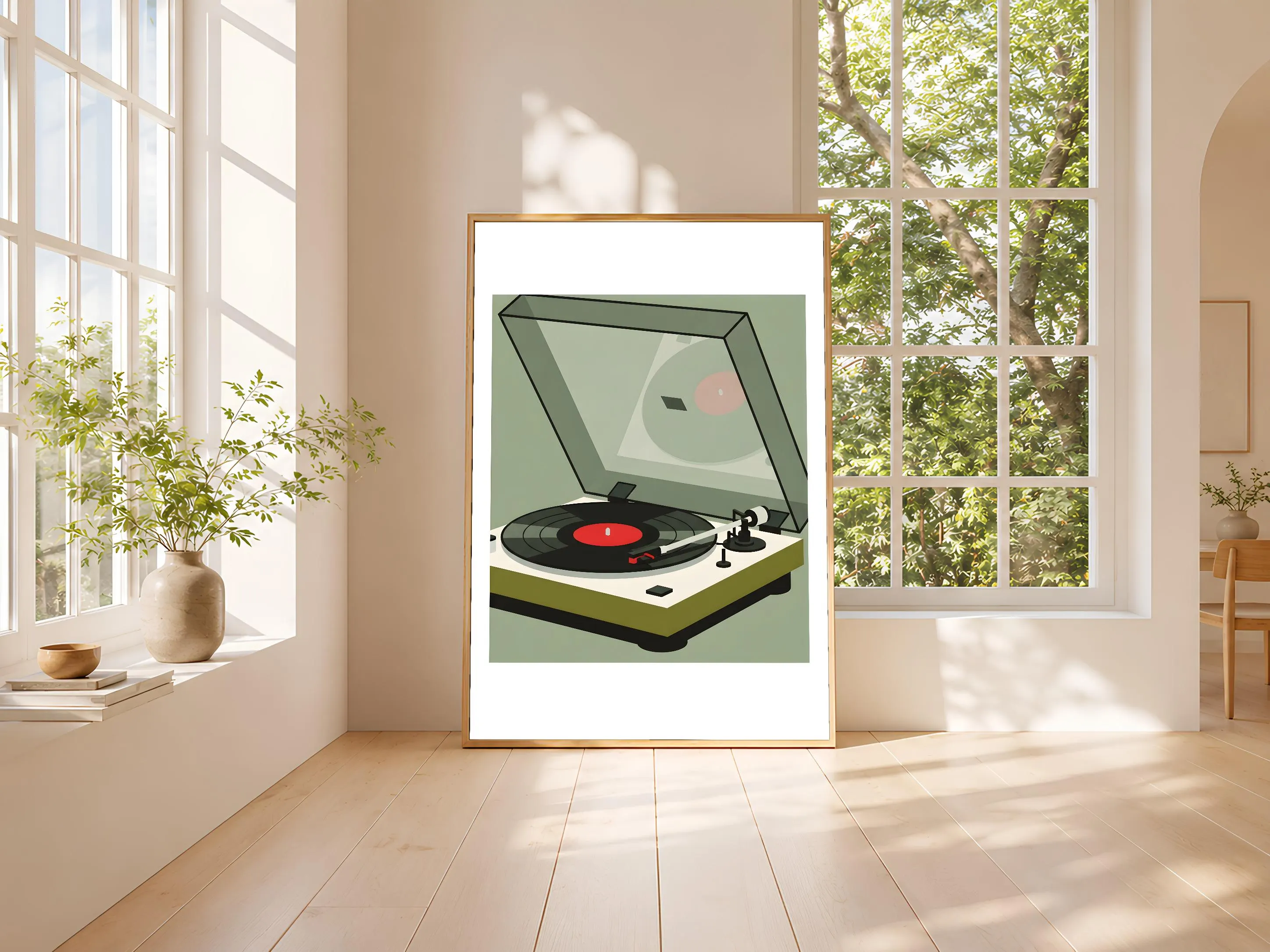 Vintage Turntable Print, Japandi Vinyl Reflection Poster, Red Record Wall Art, Studio Office Decor, Housewarming Gift – Calm Wall Art by Artsify thumbnail 3
