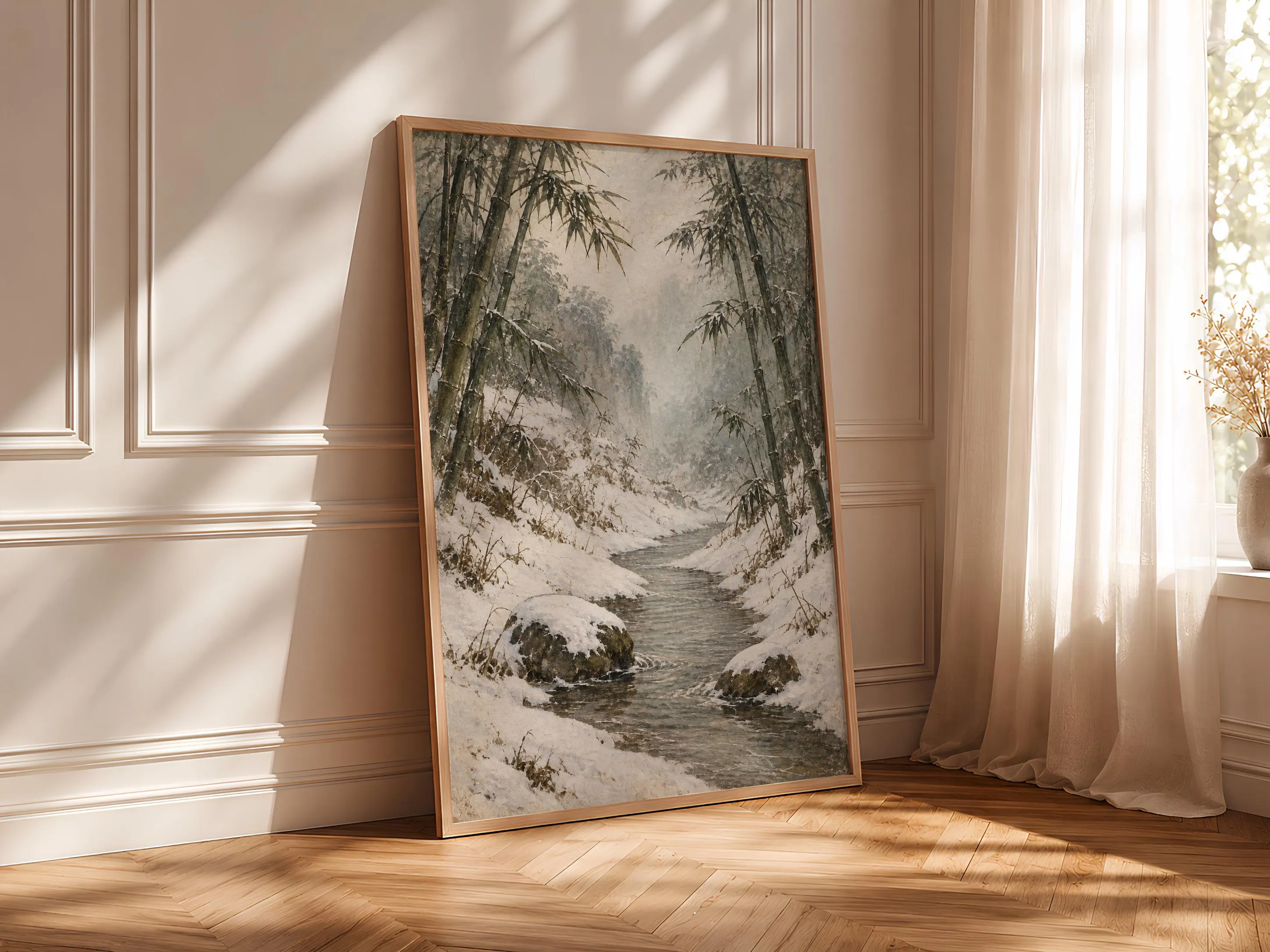 Snowy Bamboo Ravine Wall Art, Japanese Winter Landscape Painting, Japandi Bedroom Decor – Calm Wall Art by Artsify thumbnail 4