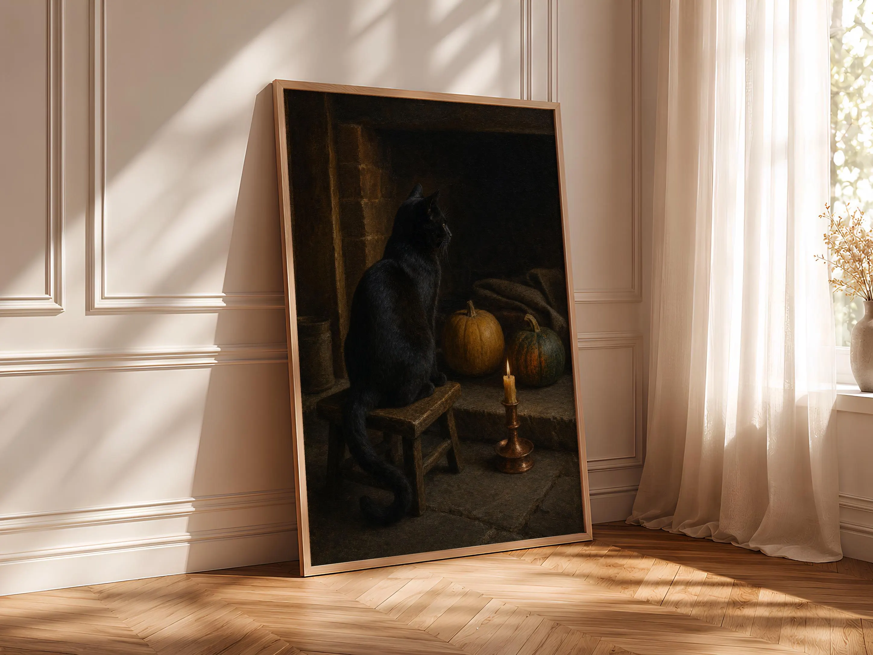 Black Cat Oil Painting Print, Vintage Halloween Wall Art, Gothic Animal Poster, Pumpkin Hearth Decor, Housewarming Gift – Calm Wall Art by Artsify thumbnail 4