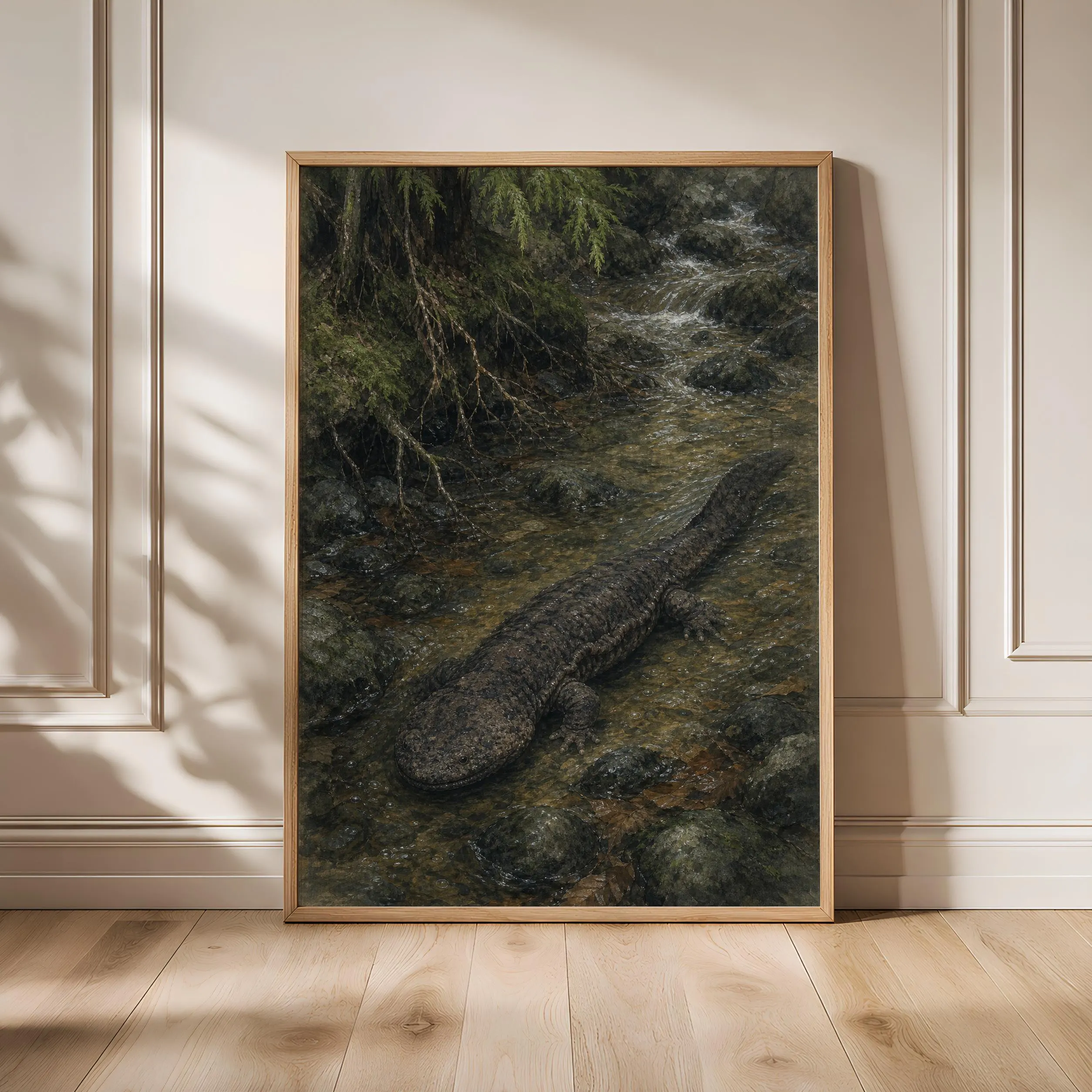 Giant Salamander Painting Print, Japanese Wildlife Wall Art, Forest Stream Poster, Woodland Nature Decor, Housewarming Gift – Calm Wall Art by Artsify