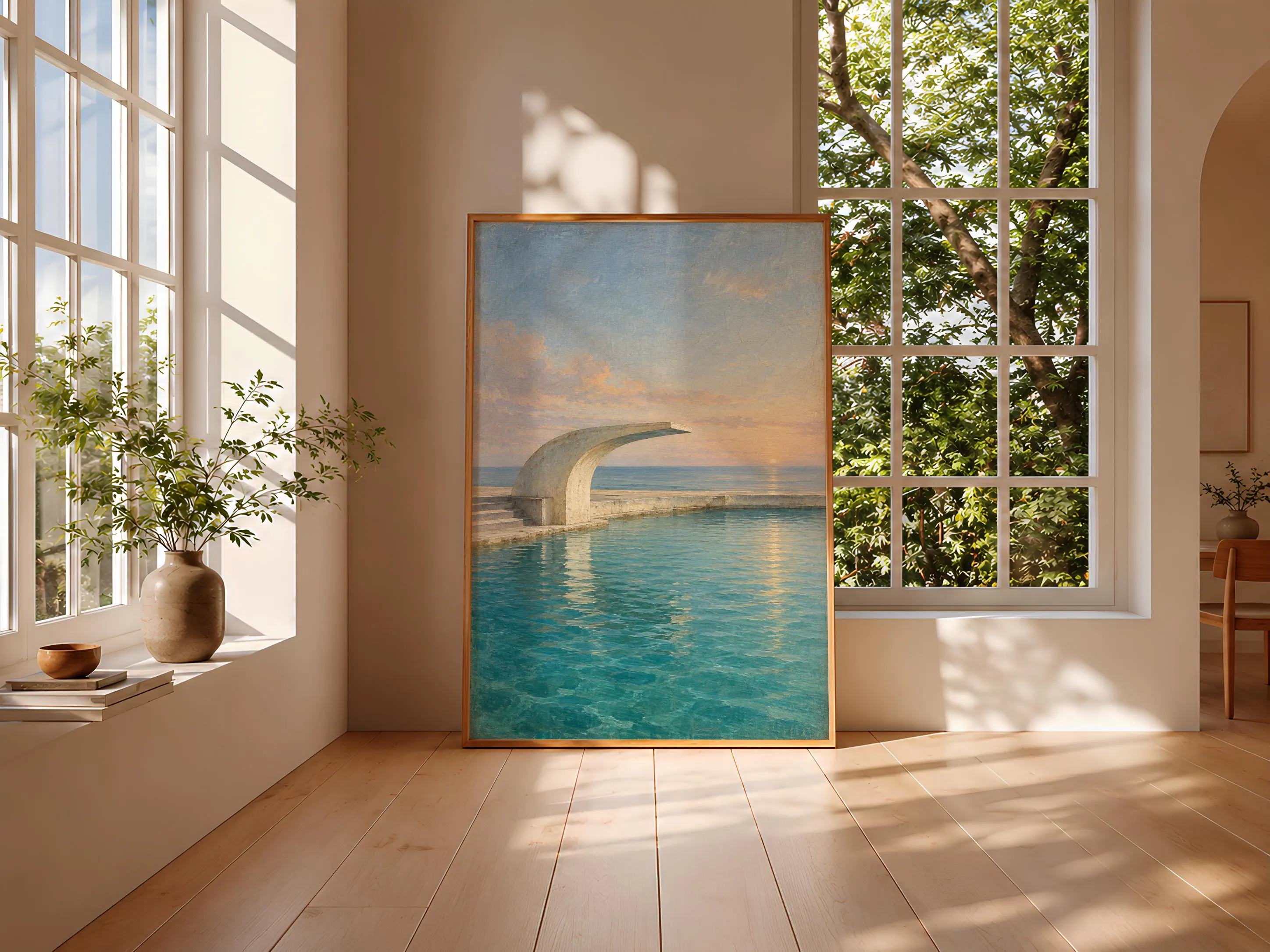 Vintage Poolside Wall Art, Dawn Diving Terrace Oil Painting, Art Deco Decor – Calm Wall Art by Artsify thumbnail 3