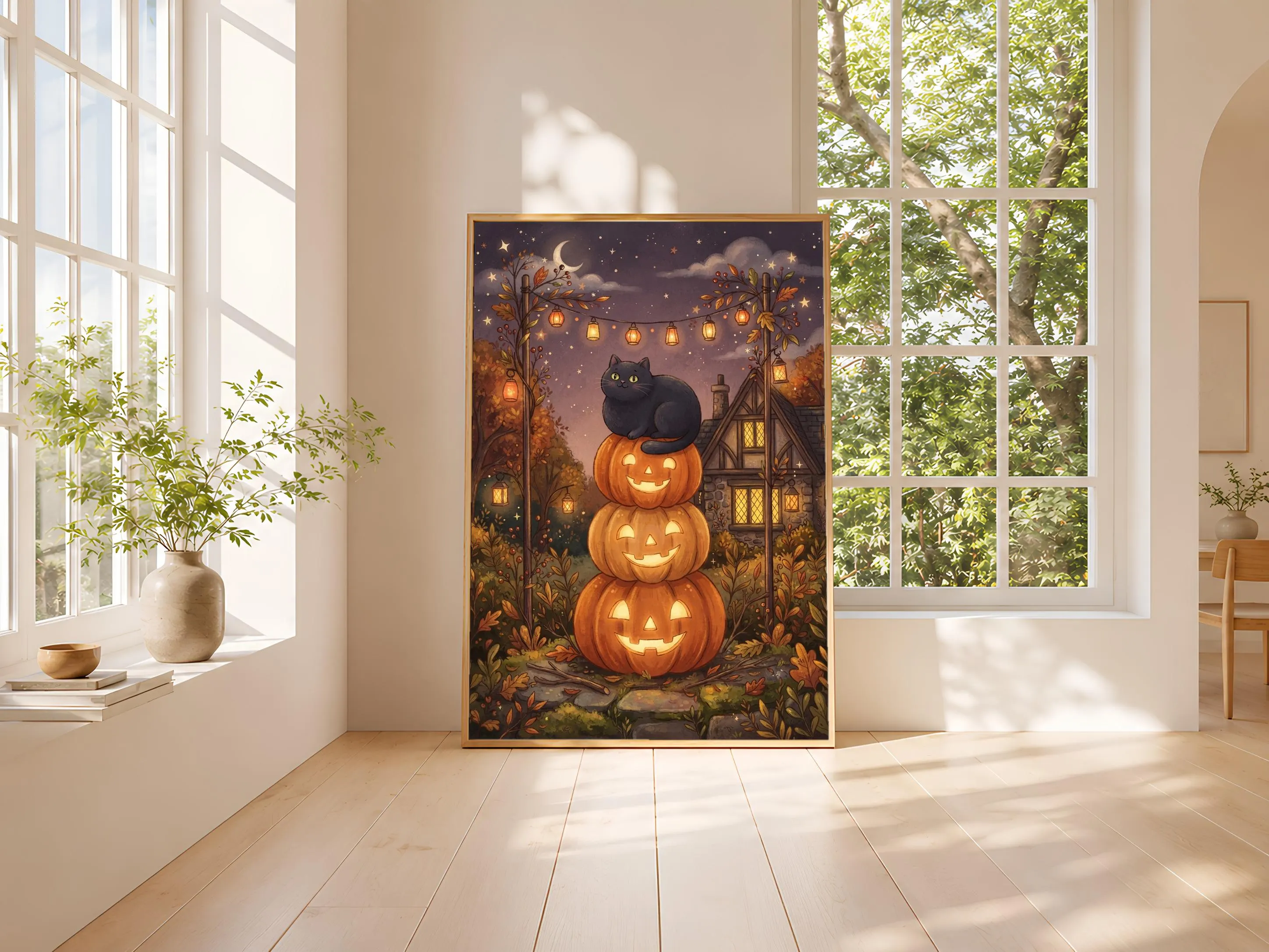 Halloween Black Cat Print, Storybook Poster, Plum Wall Art, Housewarming Gift – Calm Wall Art by Artsify thumbnail 3