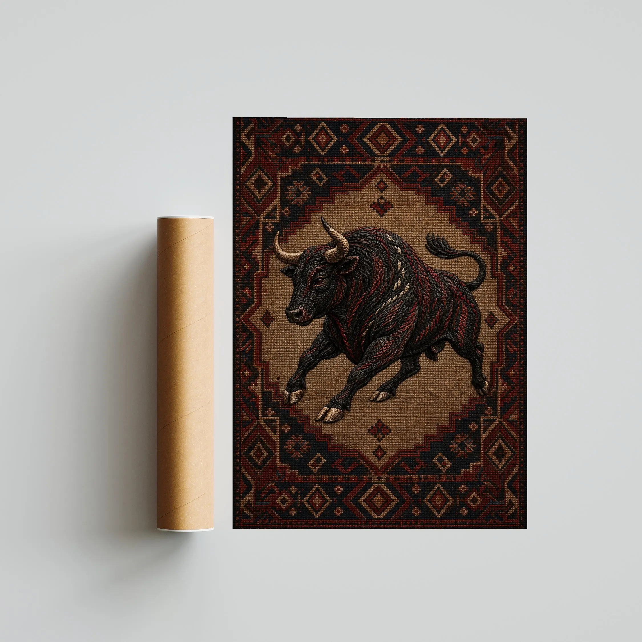 Embroidered Bull Print, Anatolian Kilim Wall Art, Rustic Textile Poster, Boho Animal Decor – Calm Wall Art by Artsify thumbnail 5