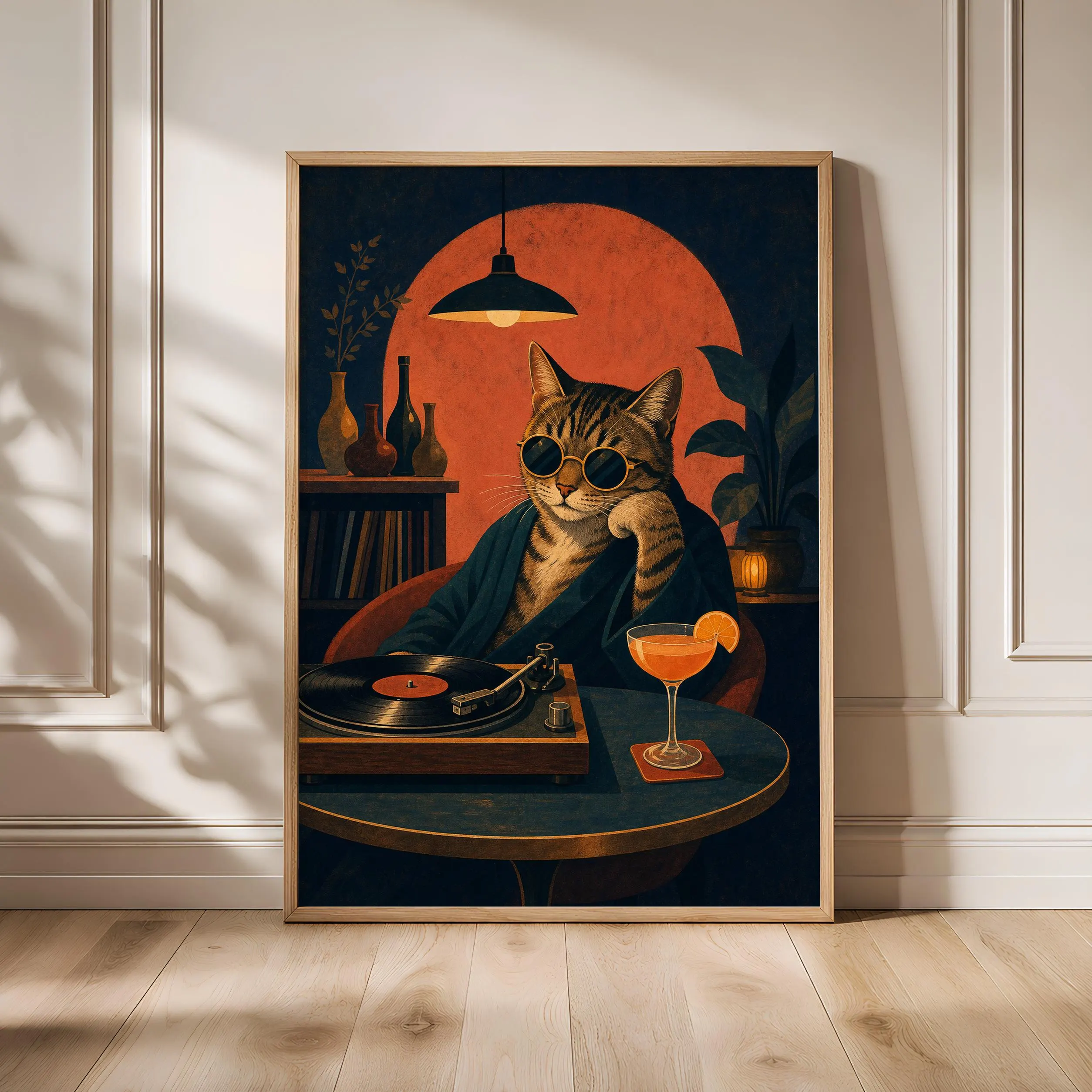 Retro Listening Bar Cat Art Print, Vinyl Record Poster, Mid Century Music Room Wall Art, Quirky Home Bar Decor, Housewarming Gift – Calm Wall Art by Artsify