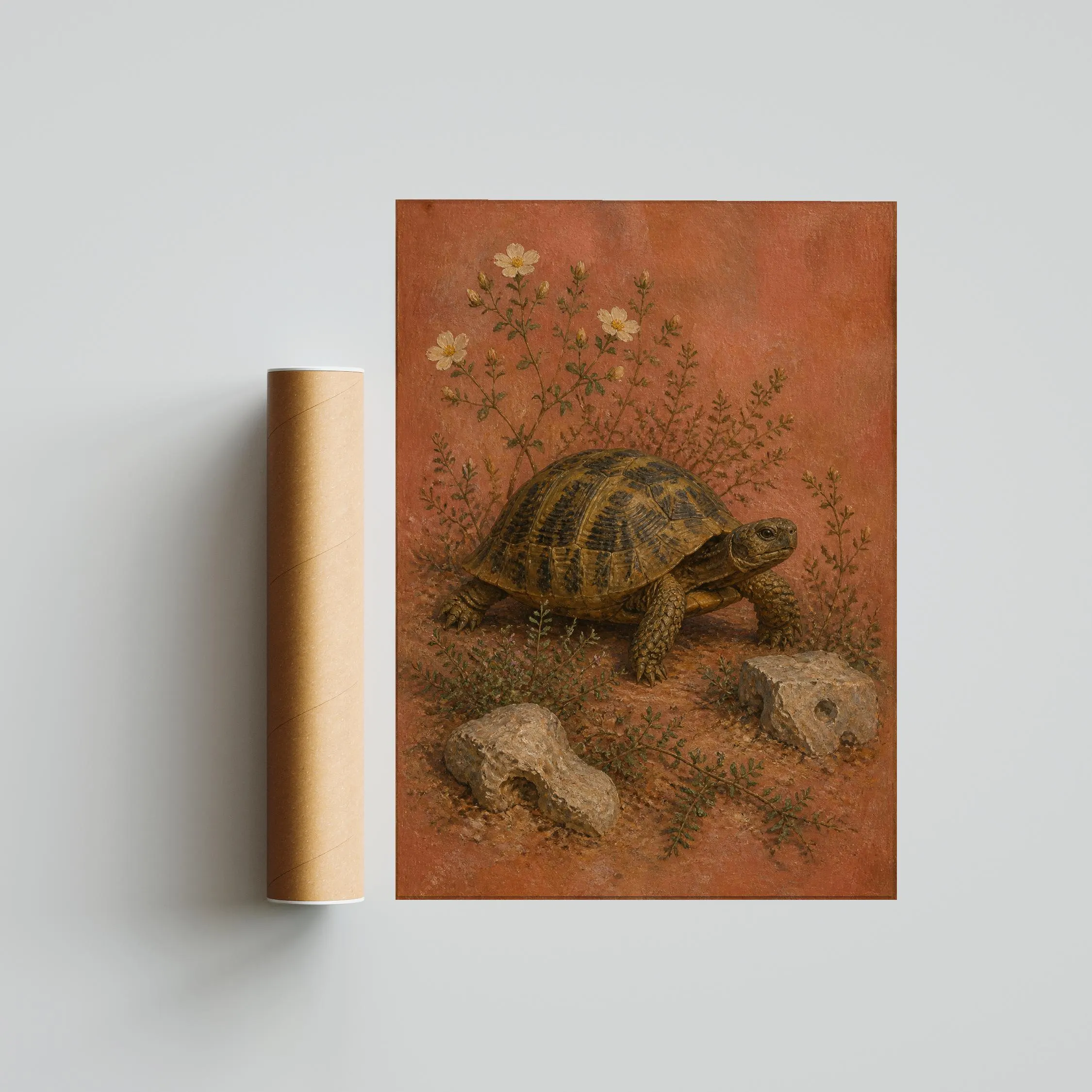 Greek Tortoise Wall Art, Arts and Crafts Reptile Oil Painting, Mediterranean Botanical Decor – Calm Wall Art by Artsify thumbnail 5