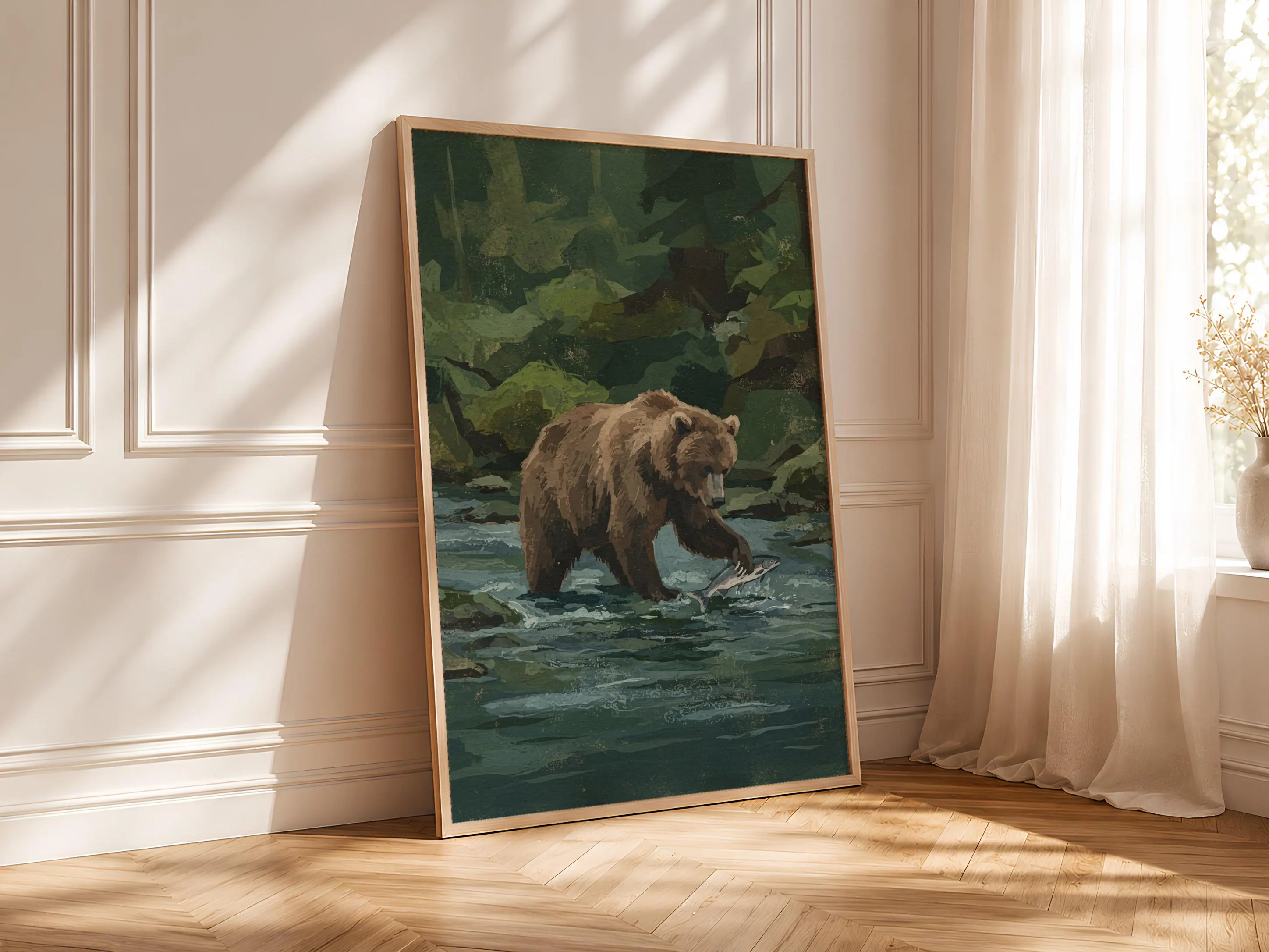 Bear Wall Art, Forest Green Minimalist Wildlife Painting, Vintage Woodland Print, Housewarming Gift – Calm Wall Art by Artsify thumbnail 4