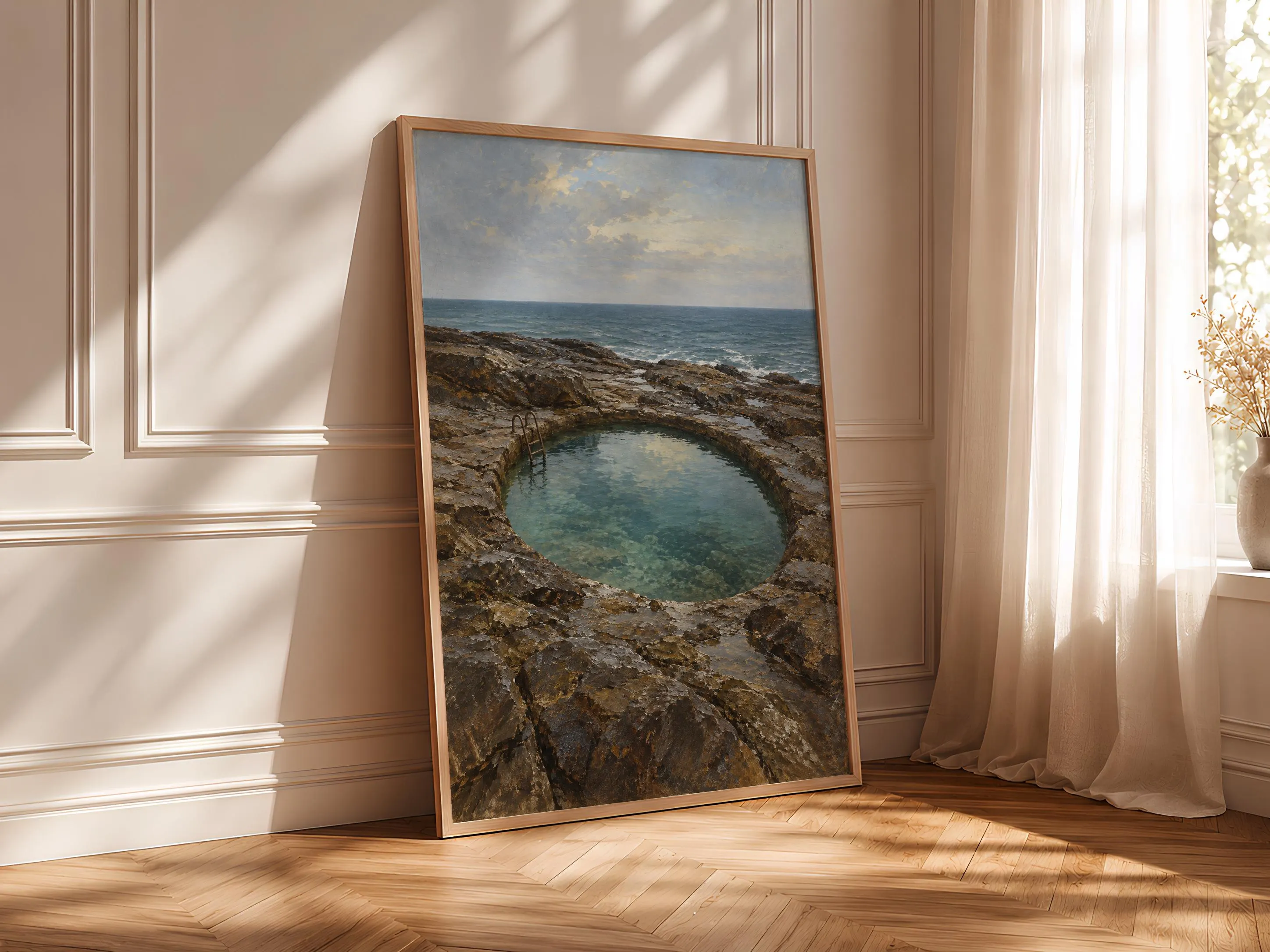Cold Water Rock Pool Print, Moody Grey Coastal Oil Painting – Calm Wall Art by Artsify thumbnail 4