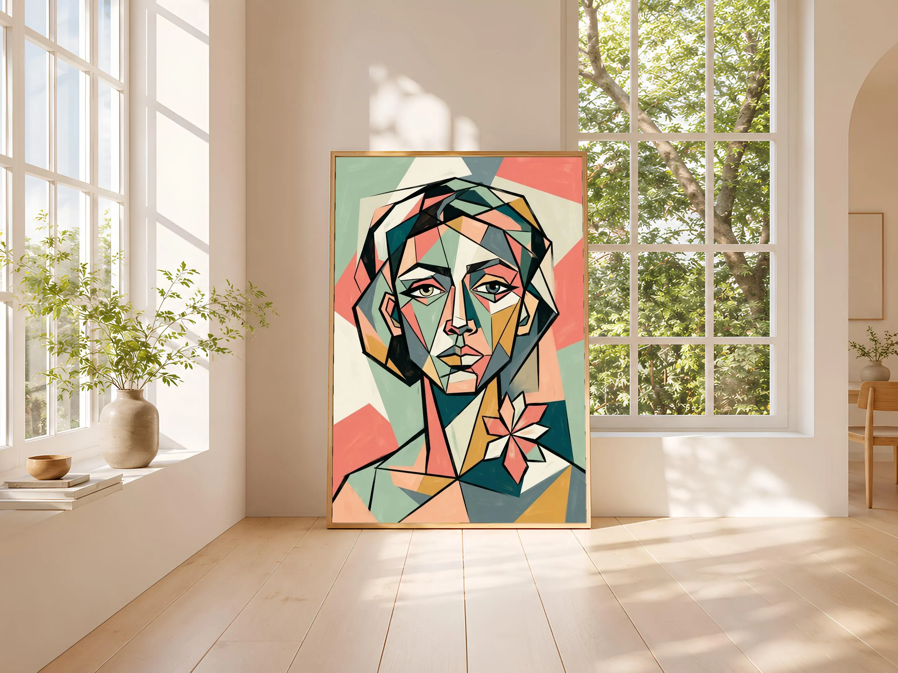 Cubist Portrait Print, Abstract Geometric Face Poster, Sage Wall Art, Modern Art Gift – Calm Wall Art by Artsify thumbnail 3