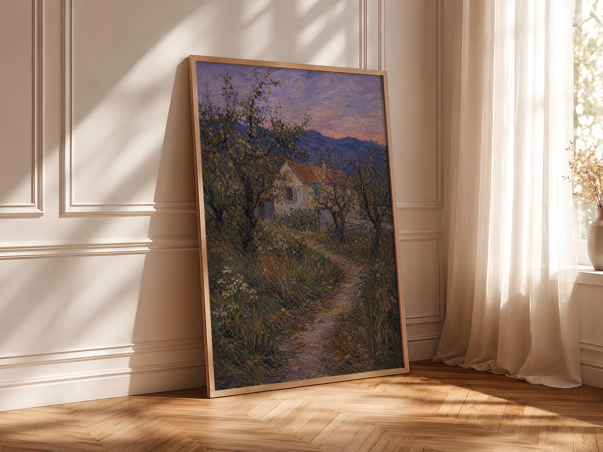 Pear Orchard Cottage Print, Cottagecore Landscape Wall Art, Farmhouse Dusk Poster, Rustic Country Decor, Housewarming Gift – Calm Wall Art by Artsify thumbnail 4