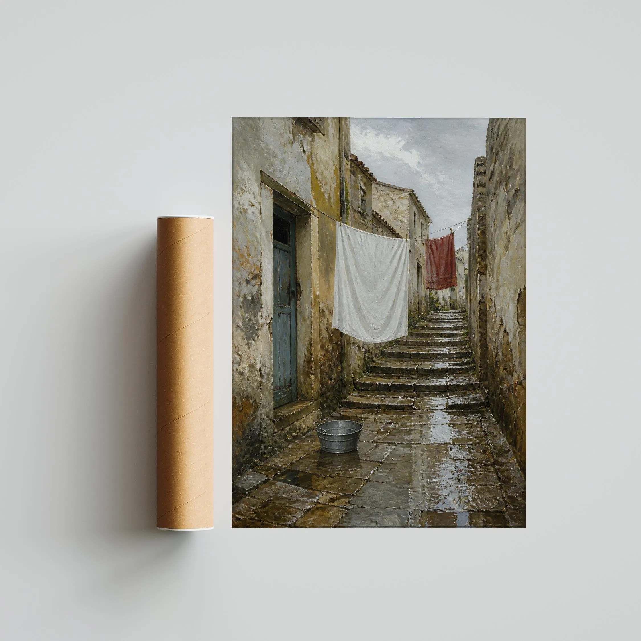 Rainy Mediterranean Alley Wall Art, Vintage Laundry Day Oil Painting, European Street Print – Calm Wall Art by Artsify thumbnail 5