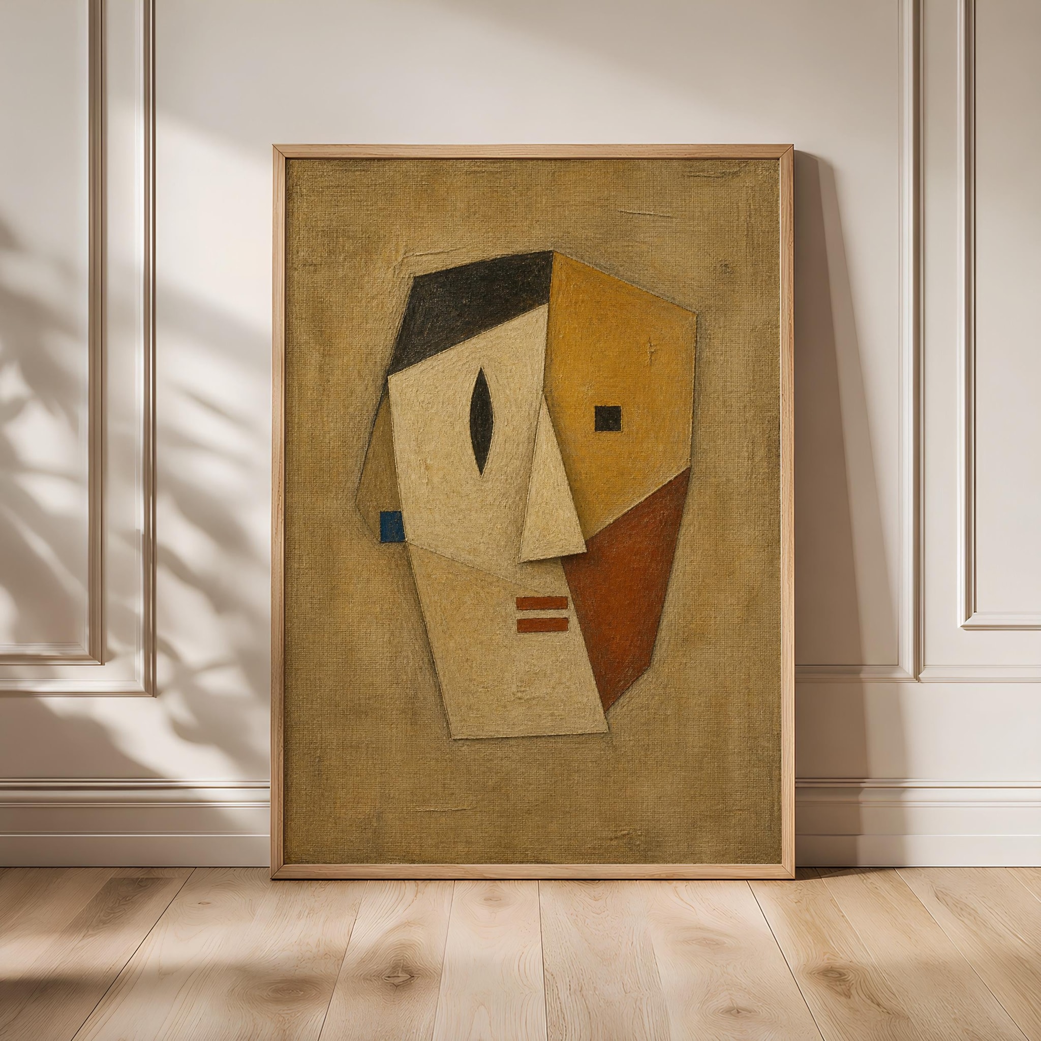 Abstract Face Wall Art, Ochre Cubist Oil Painting Print – Calm Wall Art by Artsify