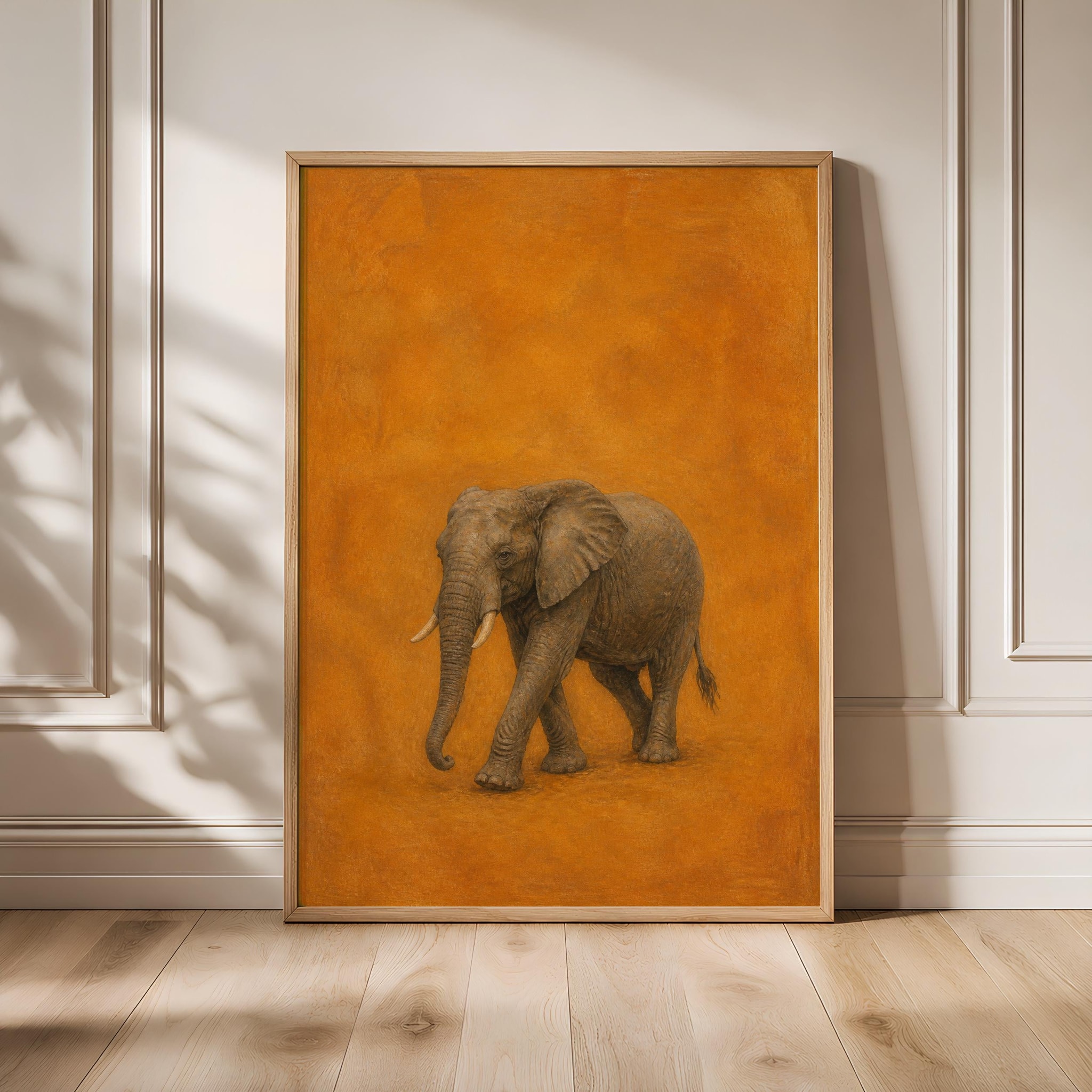 Elephant Wall Art, Marigold Jute Tempera Painting, Minimalist Safari Print, Housewarming Gift – Calm Wall Art by Artsify