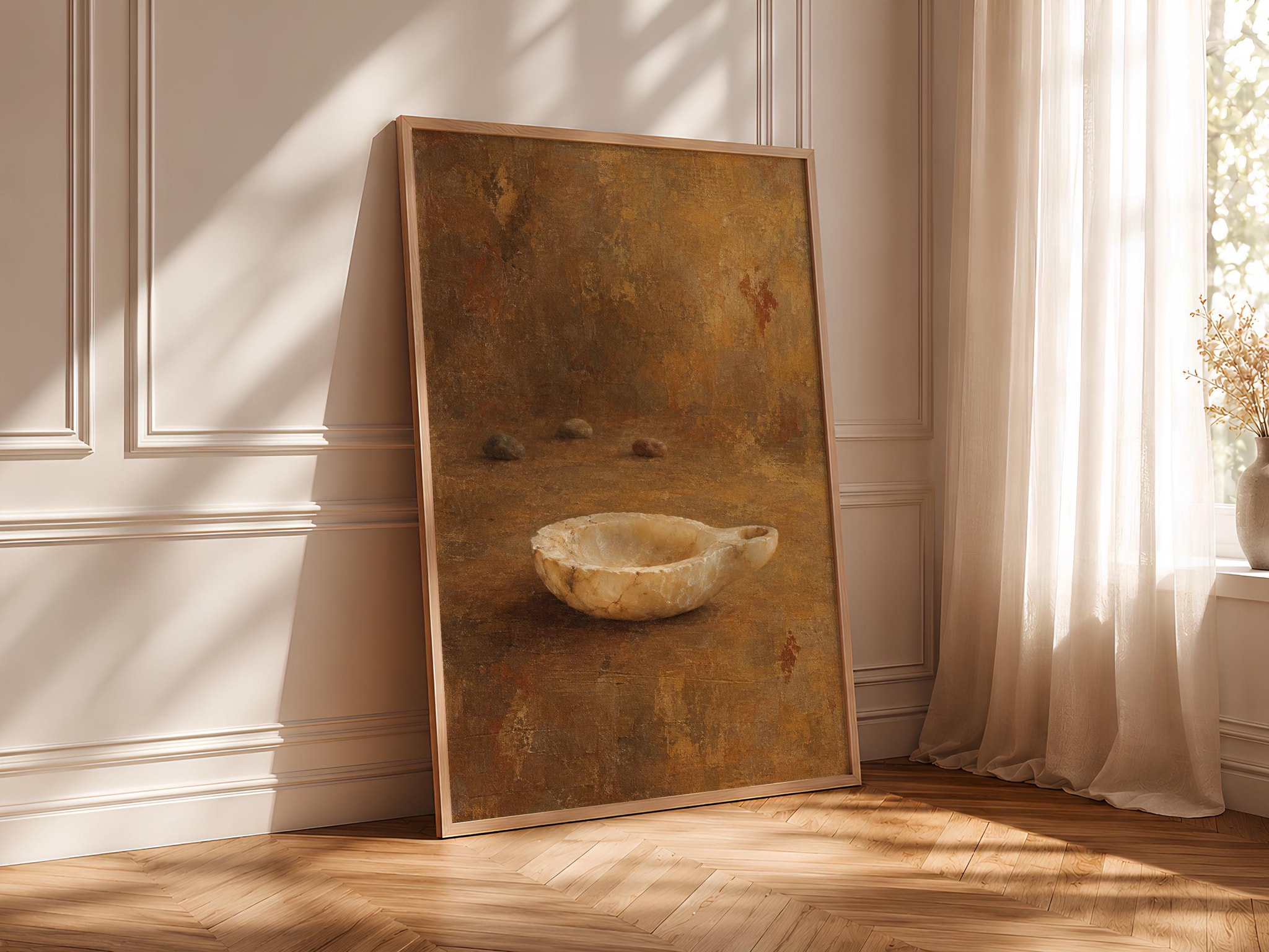 Alabaster Oil Lamp Wall Art, Vintage Antique Still Life Painting – Calm Wall Art by Artsify thumbnail 4
