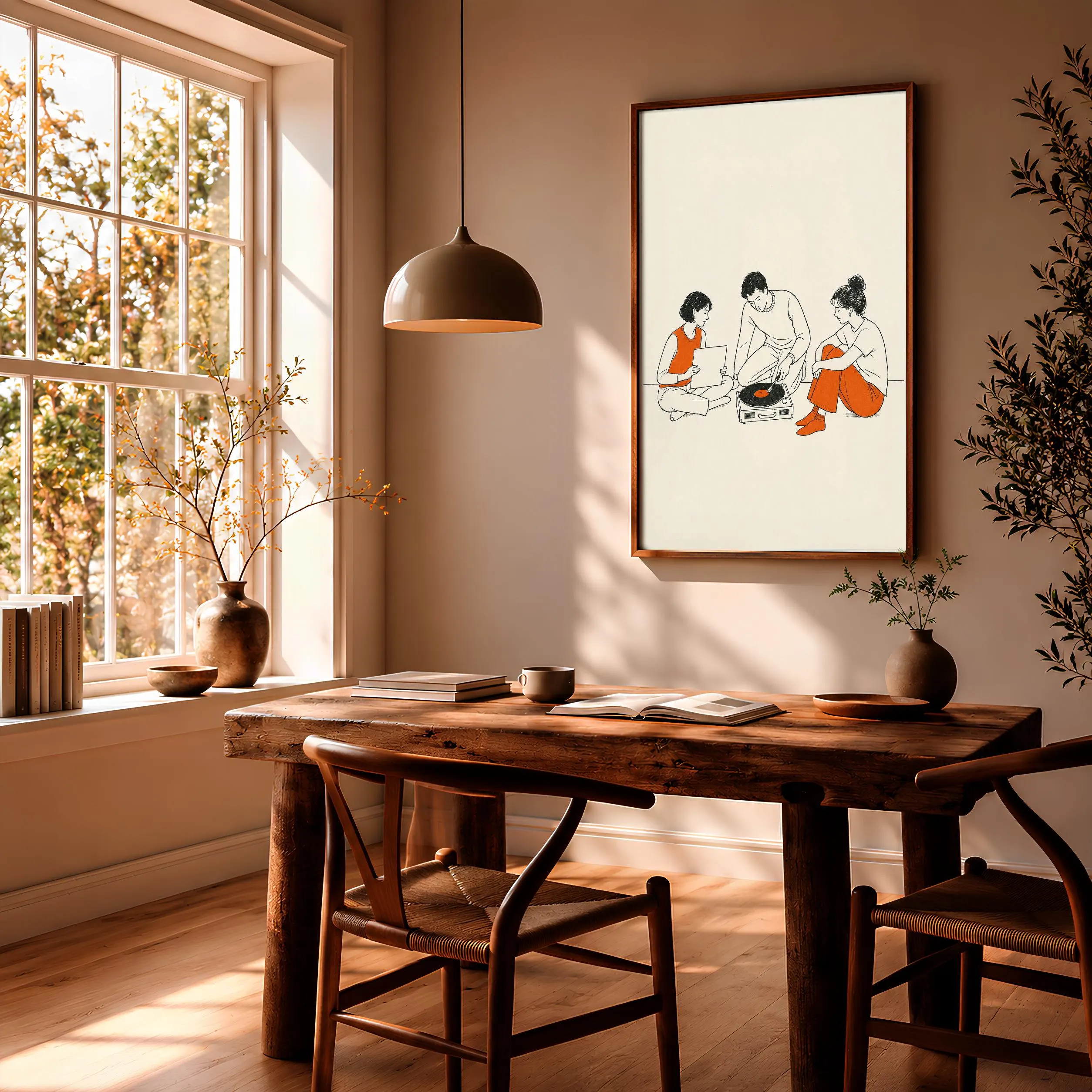 Retro Friends Vinyl Print, Mid Century Record Player Wall Art, Orange Music Poster, Minimalist Line Art Decor, Housewarming Gift – Calm Wall Art by Artsify thumbnail 2