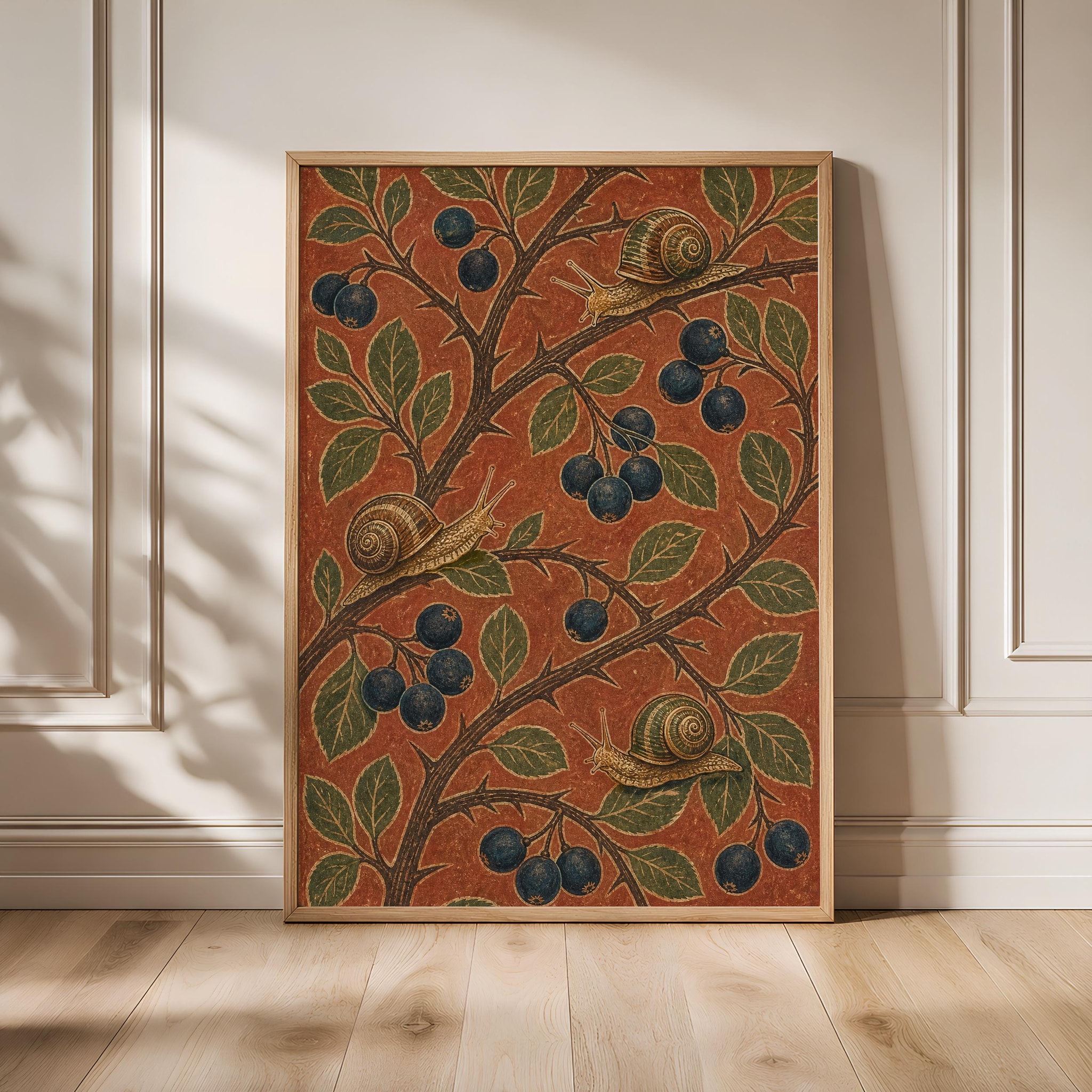 Sloe Berry Botanical Print, William Morris Style Wall Art, Snail Garden Poster, Rust Cottagecore Decor, Housewarming Gift – Calm Wall Art by Artsify