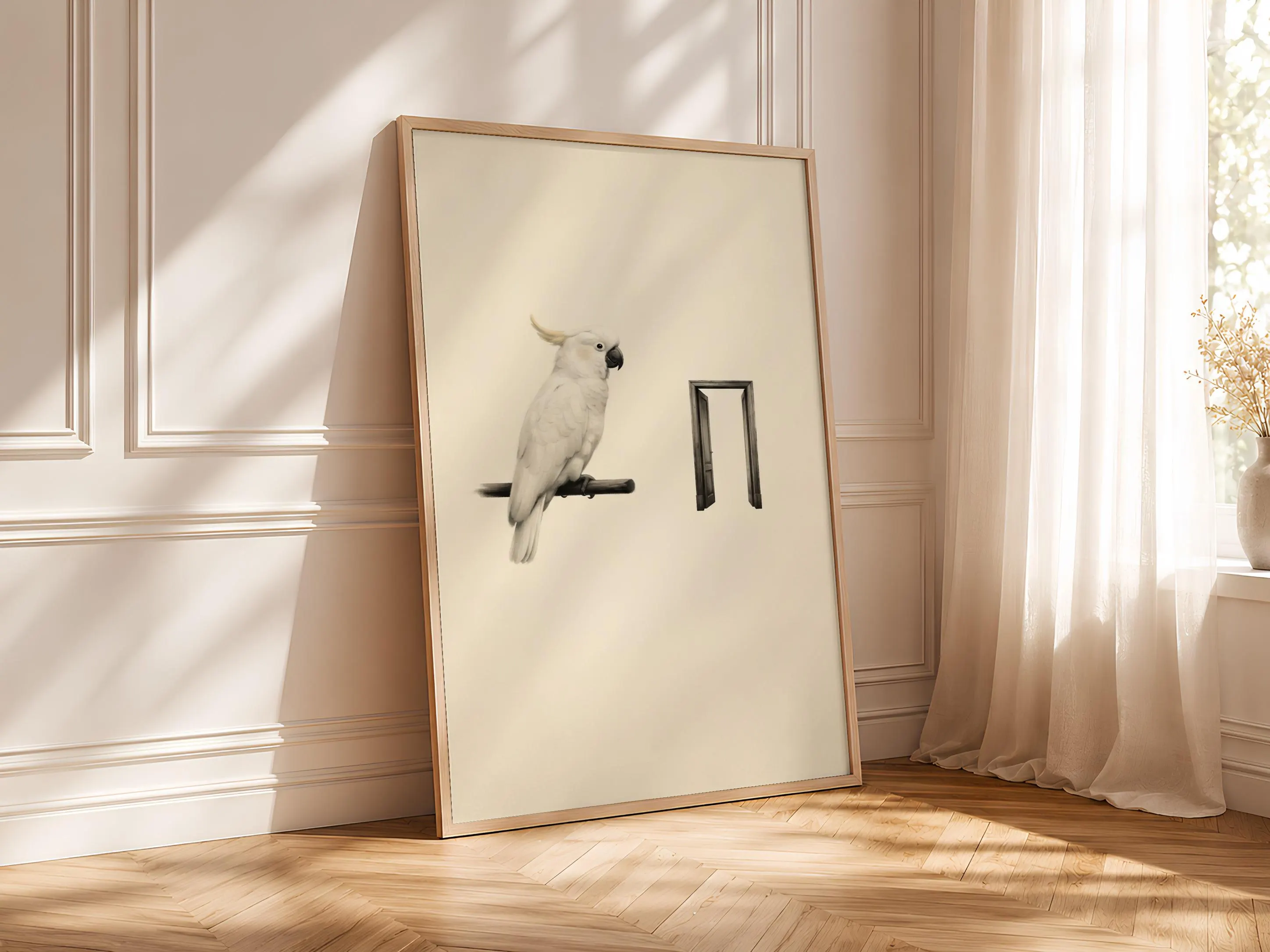 Surreal Cockatoo Wall Art Print, Floating Doorway Poster, Cream Black Bird Decor, Minimalist Surreal Art, Housewarming Gift – Calm Wall Art by Artsify thumbnail 4